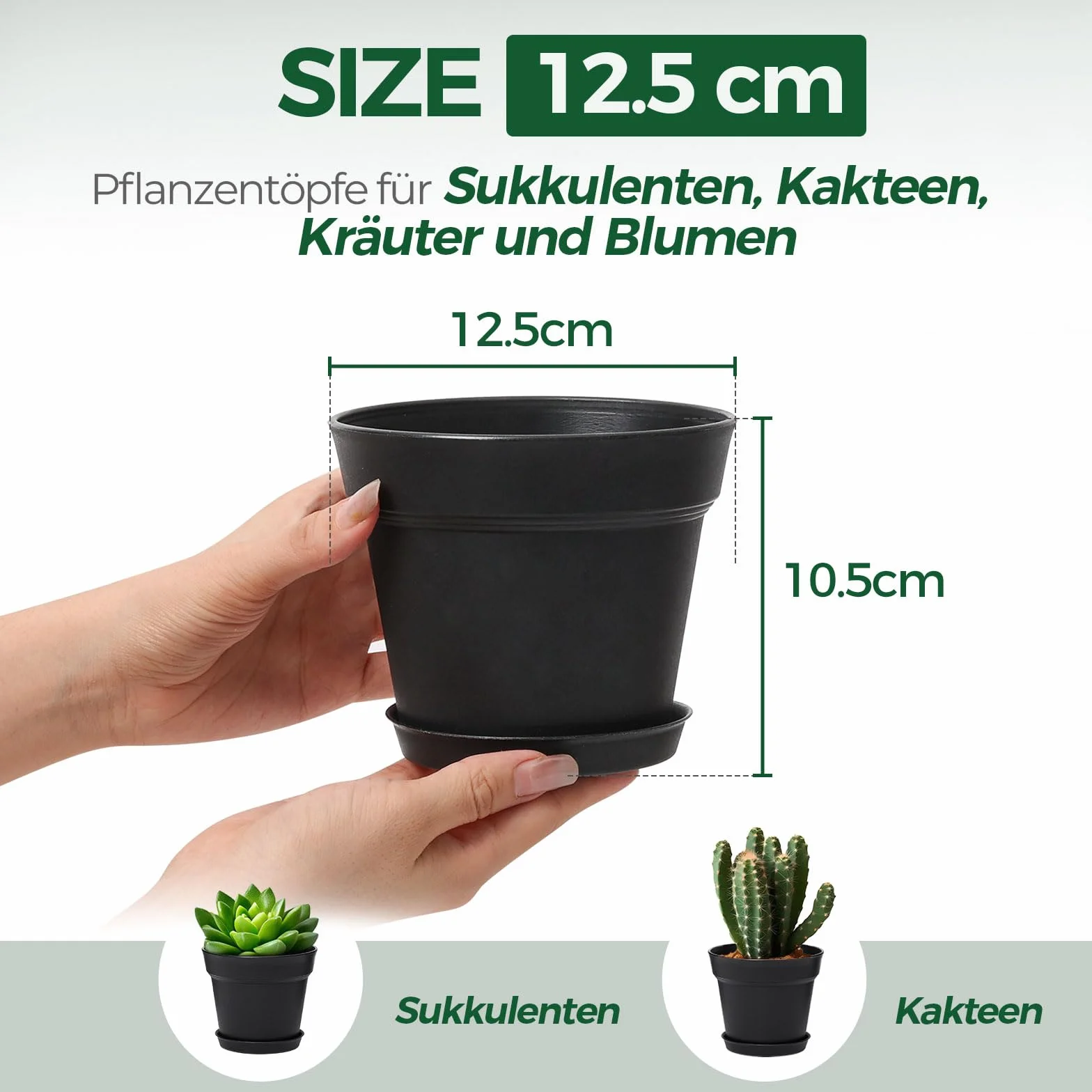 T4U okrągła doniczka 12.5 cm z Tworzywa Sztucznego z Podstawką, Zestaw 6 Doniczki Plastikowe z Otworami Drenażowymi, Doniczka do Roślin do Wnętrz i na Balkon, Czarna