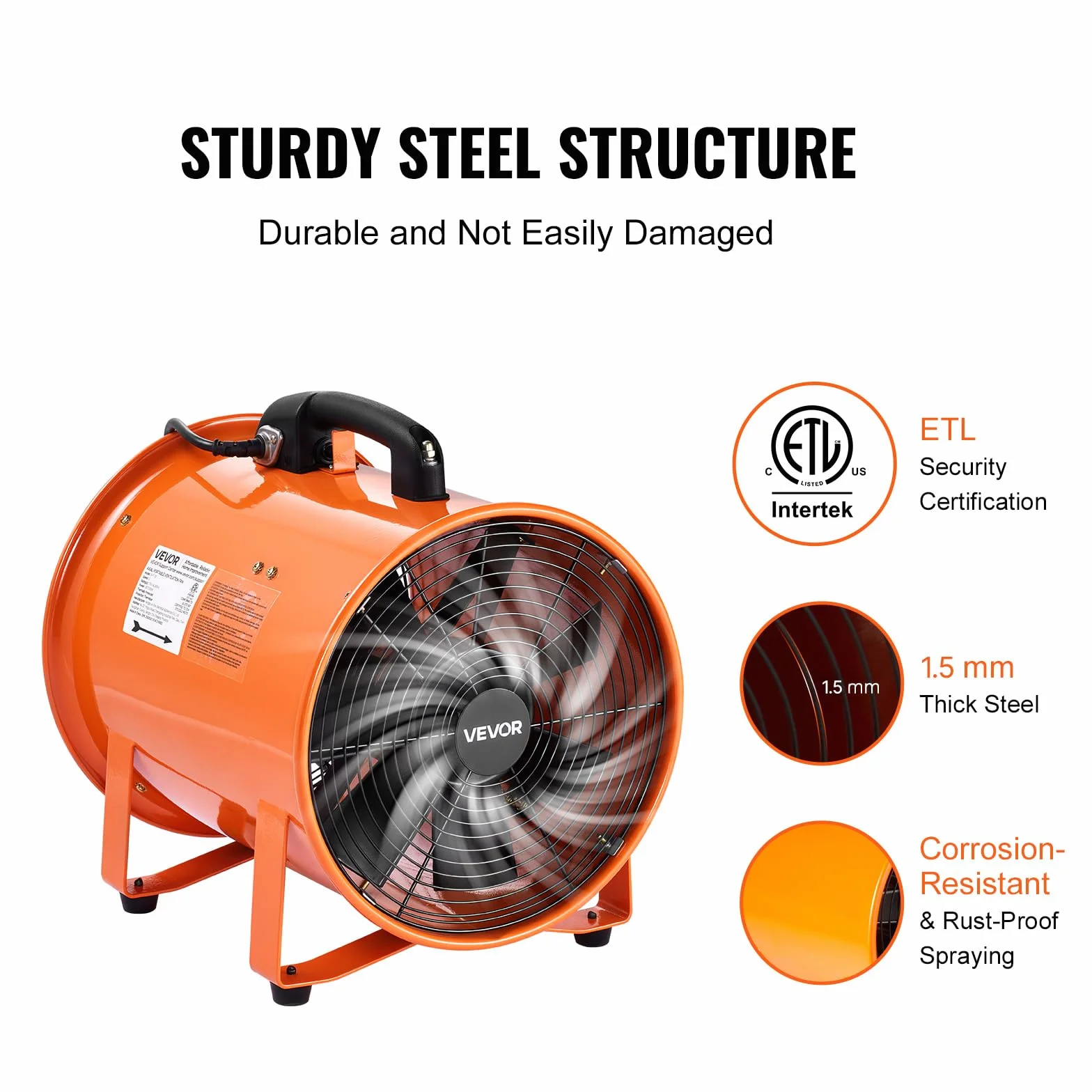 VEVOR Wentylator budowlany 365 W AC 2810 obr./min, dmuchawa budowlana 1214 l/s (2574 CFM), wentylator osiowy 10 m, dmuchawa osiowa, 79 dB, poziom hałasu, wentylator przemysłowy IP44