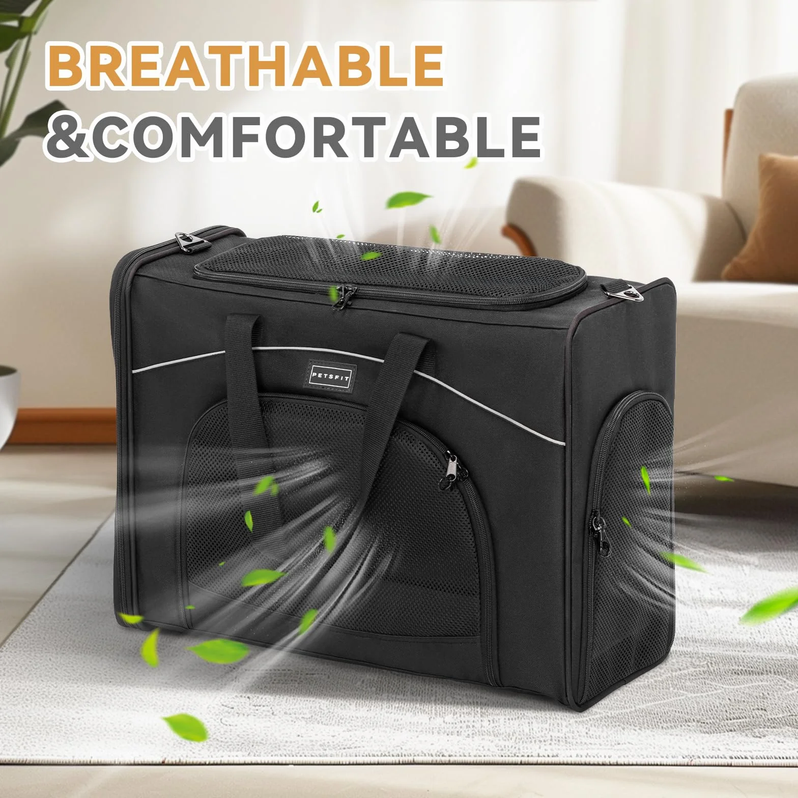 Petsfit Torba dla psa, samolot, 55 x 40 x 23 cm, torba transportowa dla psa, kota, bezpieczny transport w samochodzie, samolocie i pociągu, z 2 metodami umieszczenia, L/czarna