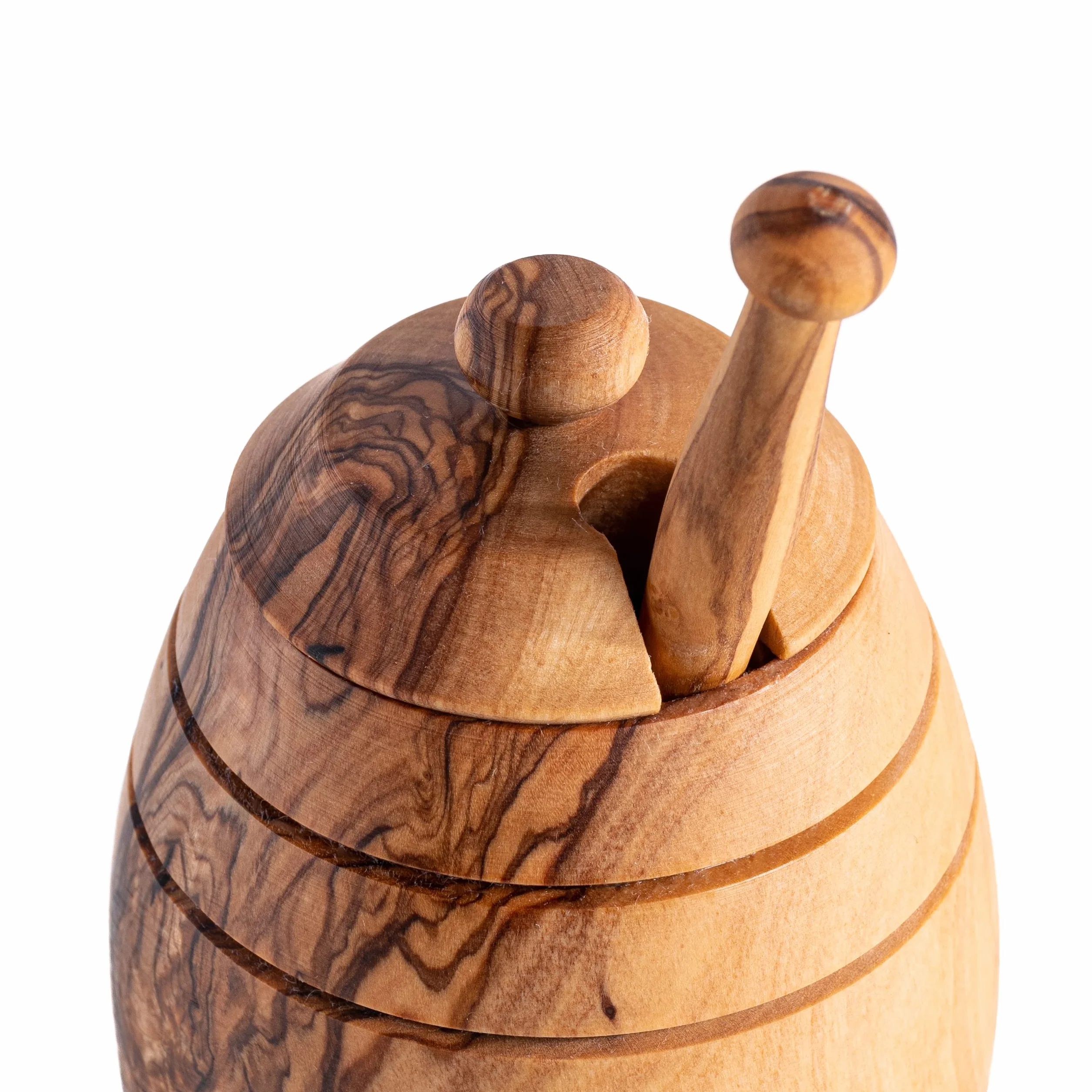 Garnek na miód z naturalnego drewna oliwkowego z łyżeczką – ręcznie wykonany – 12 x 8 cm – pojemnik na miód z drewna z pokrywką i łyżeczką do miodu – 12 x 8 cm, z łyżeczką do miodu, z drewna
