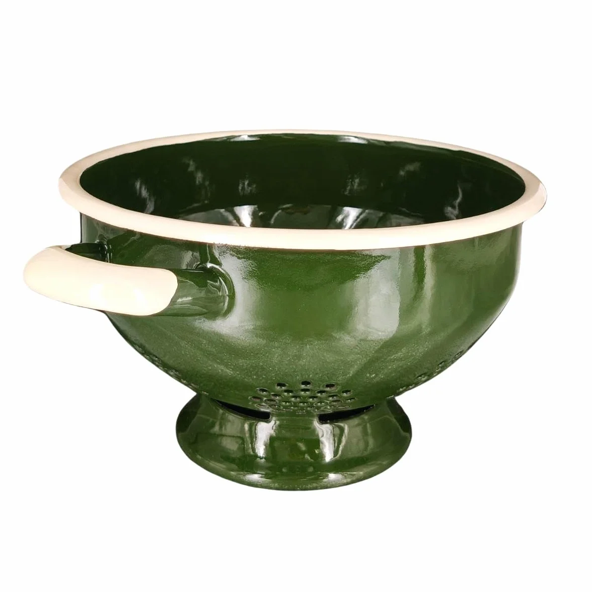 Durszlak emaliowany zielony na nóżce 2,4 L ręcznie robiony stal emaliowana styl retro vintage rustykalny farmhouse do makaronu warzyw i owoców średnica 22 cm
