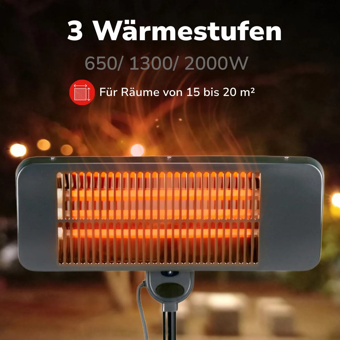 alpina Grzejnik stojący na podczerwień, 2000 W, 3 stopnie ogrzewania, odporny na zachlapanie wodą, IP24 z lampą na podczerwień, grzejnik na taras, grzejnik elektryczny