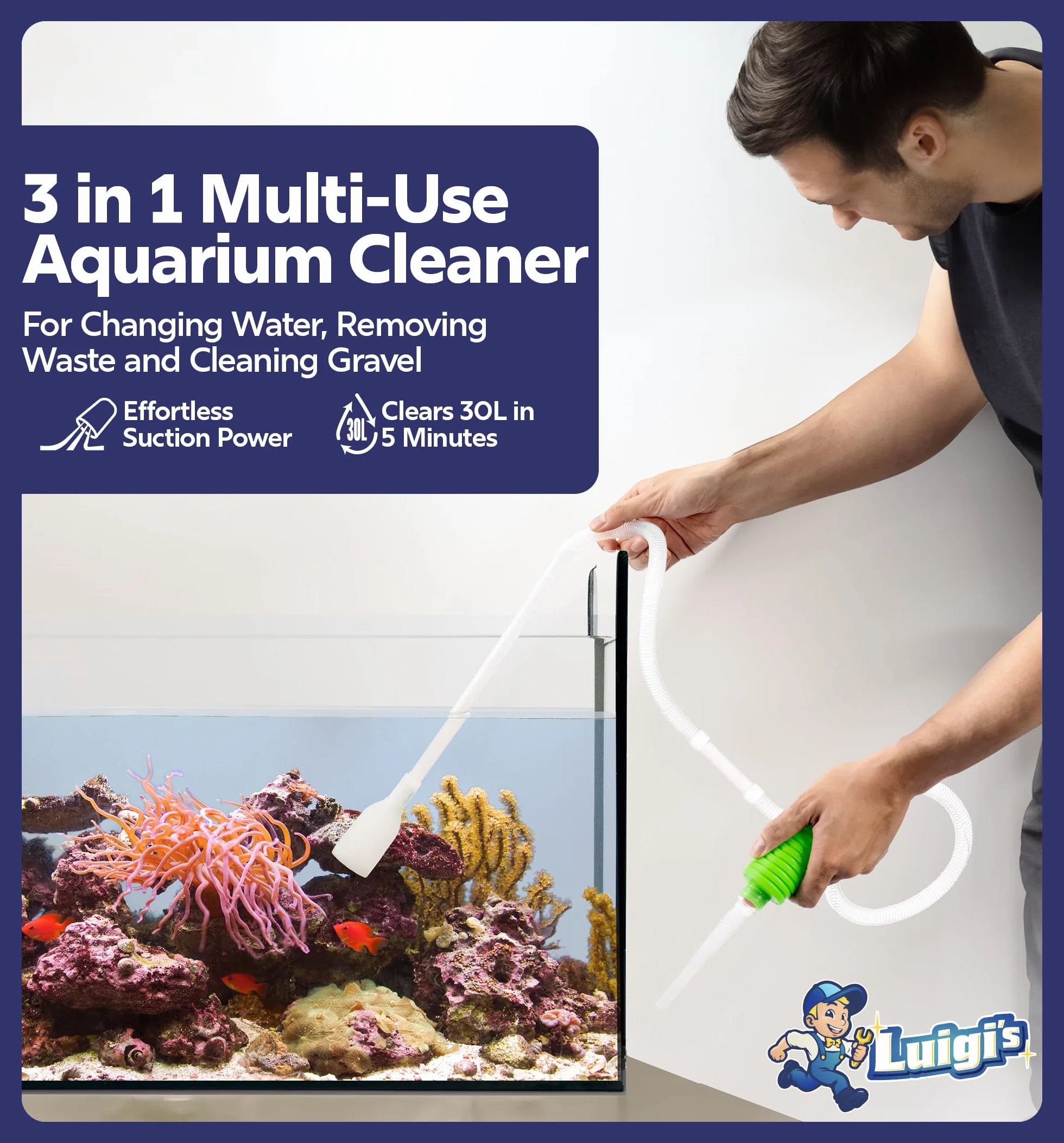 Luigi's Syphon Fish Tank Cleaner do akwarium - ręczna pompa syfonowa próżniowa 3 w 1 - zmieniacz wody i płuczka żwiru
