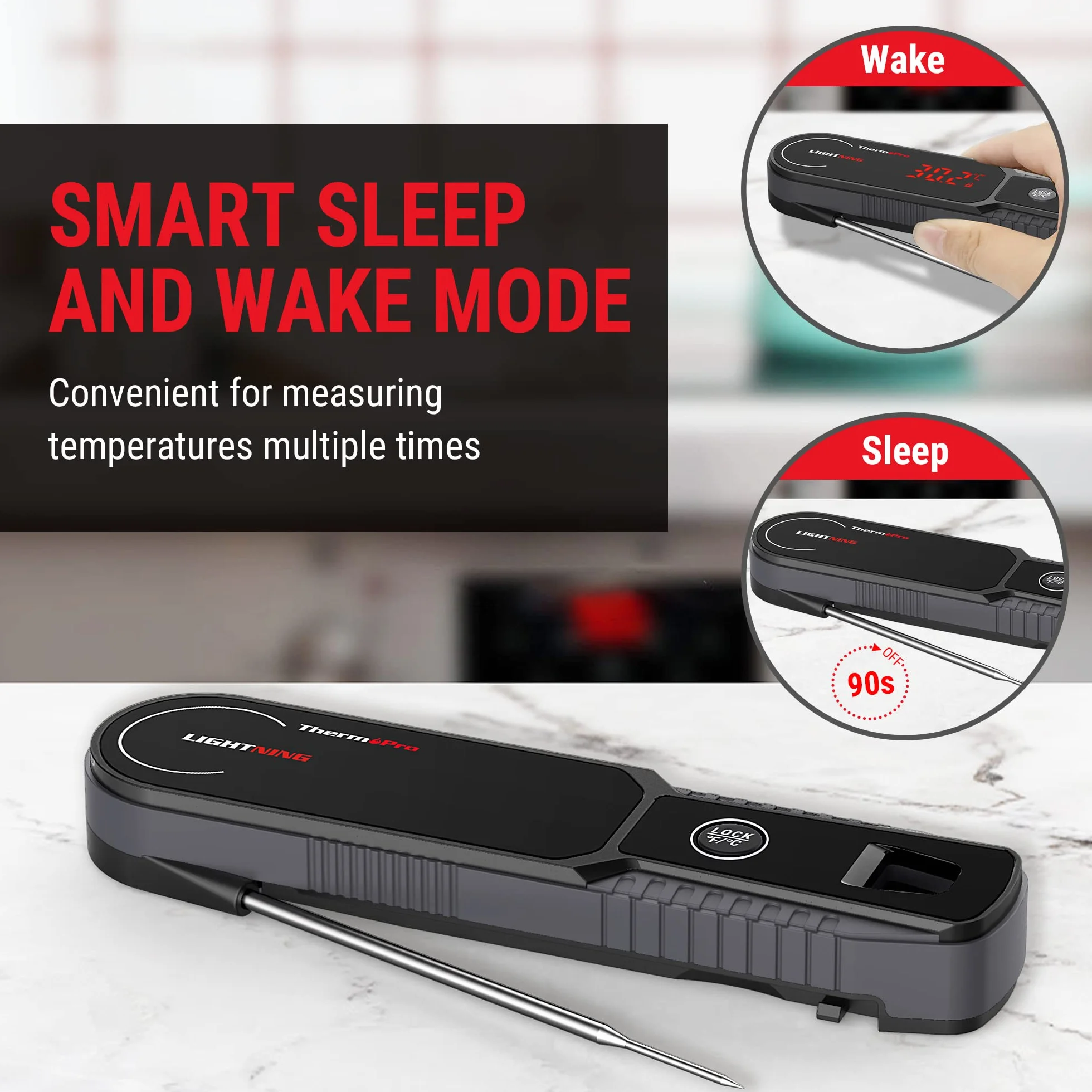 ThermoPro Lightning Termometr do mięsa z natychmiastowym odczytem w jednej sekundzie, kalibrowalny termometr kuchenny do żywności z dwustronnym wyświetlaczem, wodoodporny termometr kuchenny do
