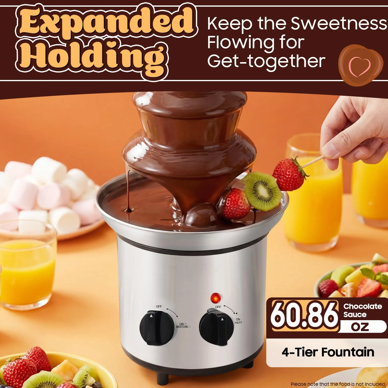 Fondue czekoladowe, 4 poziomy, z funkcją topienia, 170 W, elektryczna fontanna czekoladowa, do fondue czekoladowego, pojemność 1,8 l, stal nierdzewna, na imprezę, urodziny, wesele