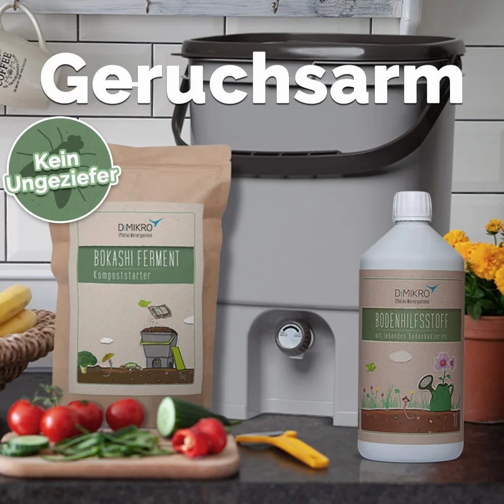 Zestaw startowy wiaderka na kompost Bokashi - japoński design (szary) + ferment Bokashi + EM aktywny + broszura Bokashi
