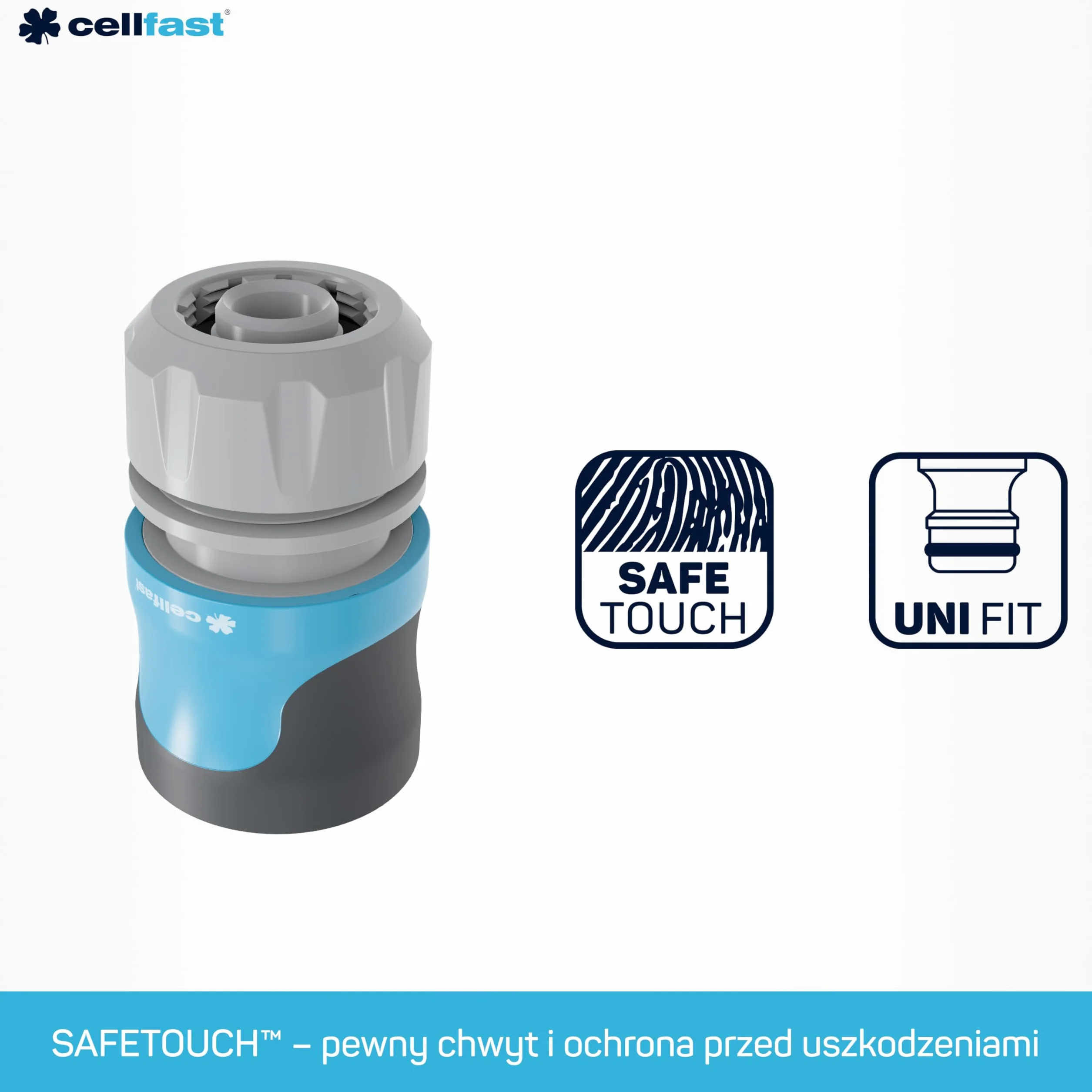 Cellfast Szybkozłącze - przelot SAFETOUCH IDEAL™ 1/2" - 5/8", Tworzywo PC/ABS, Trzy zaciski, 51-632