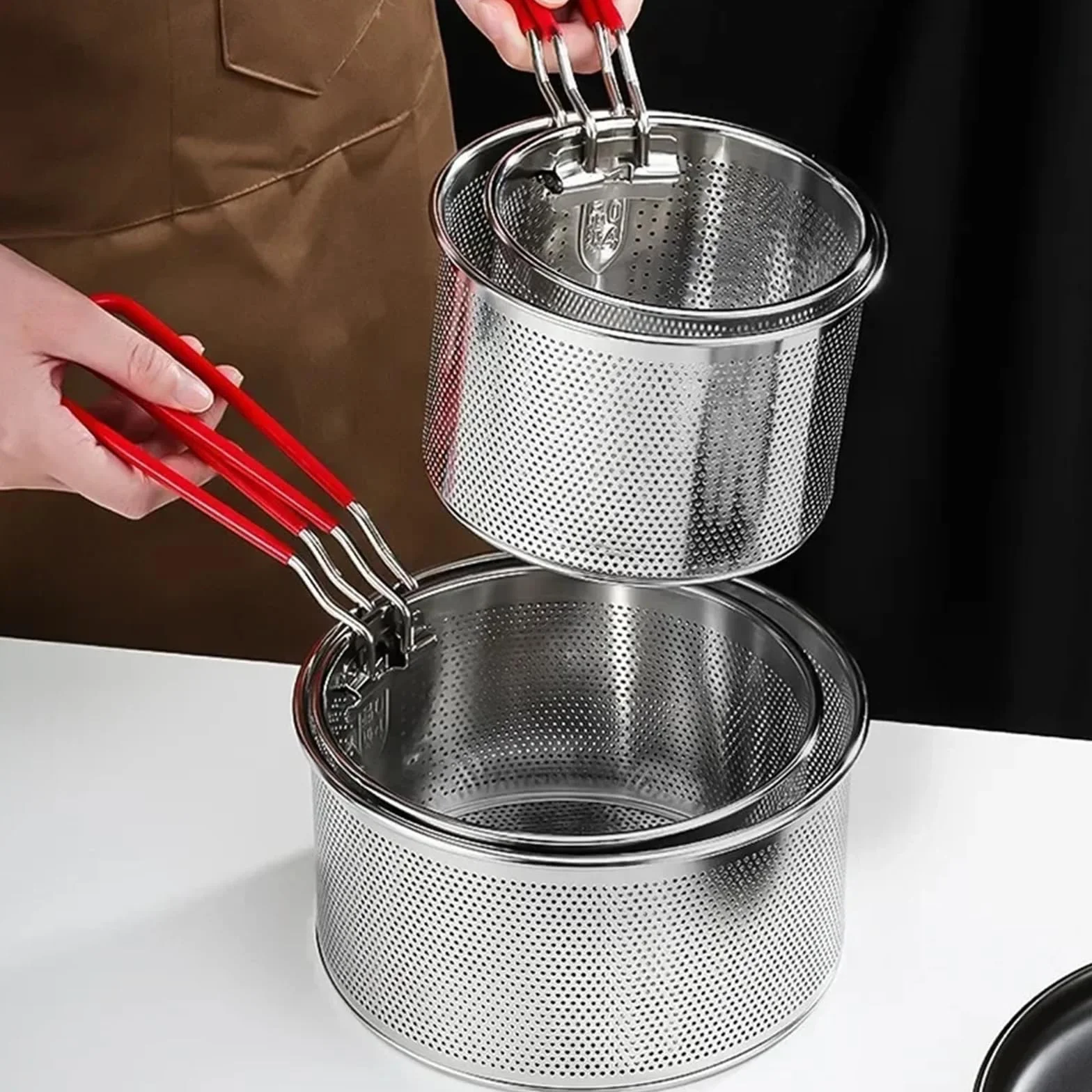 Kosz do smażenia frytek, stal nierdzewna, sitko kuchenne z uchwytem, koszyk do smażenia frytek, chochla druciana, skimmer kuchenny i sitko domowe (16 cm)