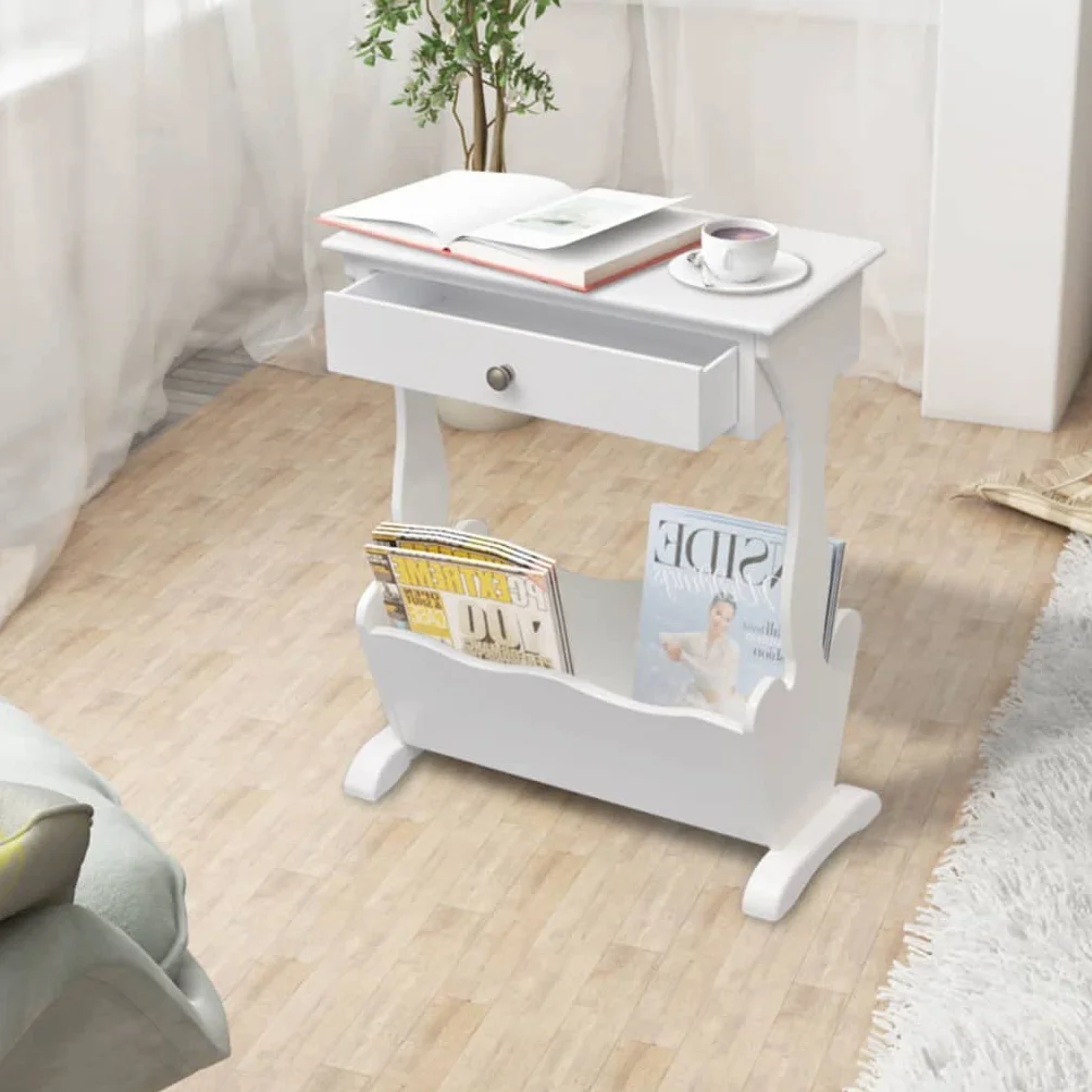 Melrose White stojak na czasopisma z dużą szufladą, elegancka i wykwintna szafka na czasopisma, do przechowywania ulubionych czasopism w stylu, może służyć jako stolik pomocniczy