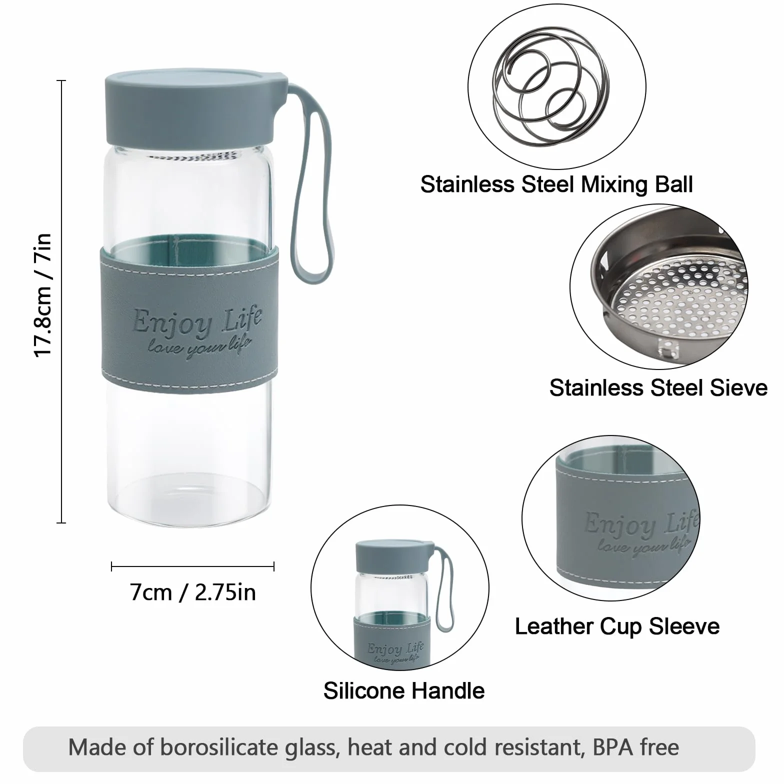 APOMOONSproteinowy Szklany shaker, 480 ml, z sitkiem i kulką ze stali nierdzewnej, kubek, butelka fitness