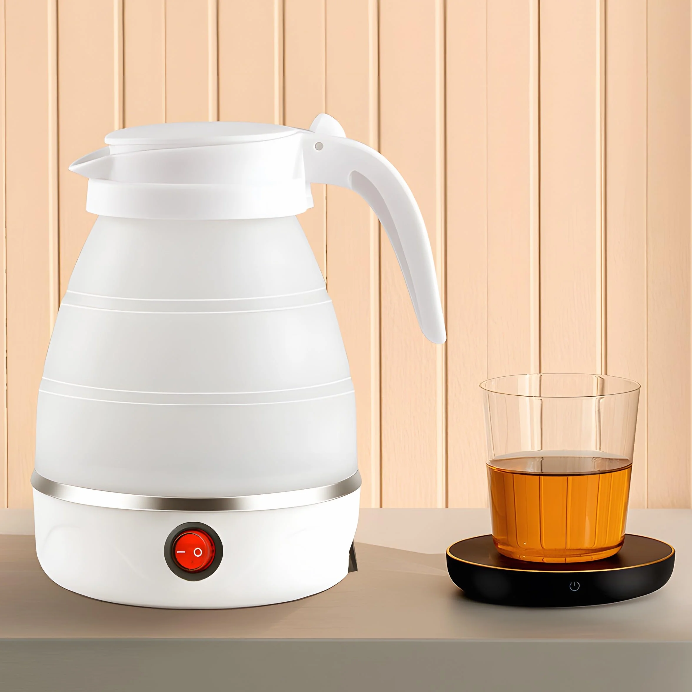 Retoo Składany czajnik 0,6 l, 750 W, silikonowy, ze stali nierdzewnej, kompaktowa konstrukcja do campingu, podróży, automatyczne wyłączanie, szybkie i bezpieczne podgrzewanie