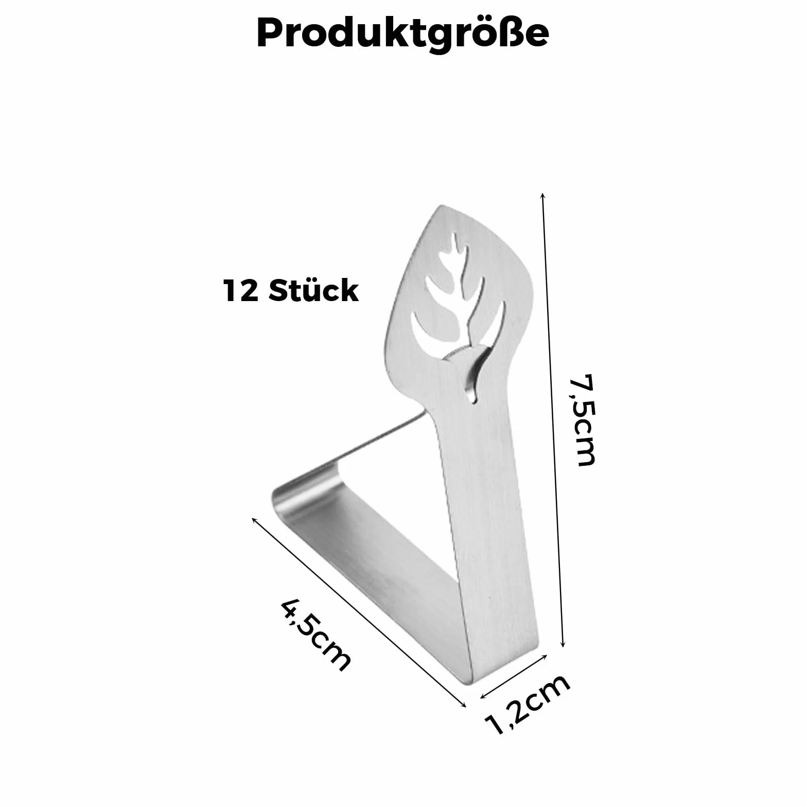 Klamry do obrusów, 12 sztuk, w kształcie liści, uchwyty na obrusy, klamerki do użytku na zewnątrz, 7,5 x 4,5 cm, do rodzinnego stołu do jadalni, pikników, stołu ogrodowego (srebrne)