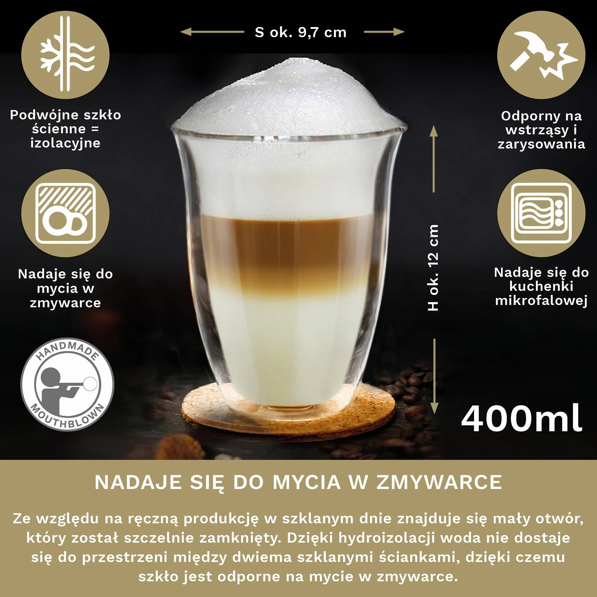 Creano Szklanki do kawy o podwójnych ściankach 400 ml - izolowane kubki do latte macchiato - cappuccino, herbata - ręcznie robione żaroodporne kubki XXL - 2 szt. (1 opakowanie)
