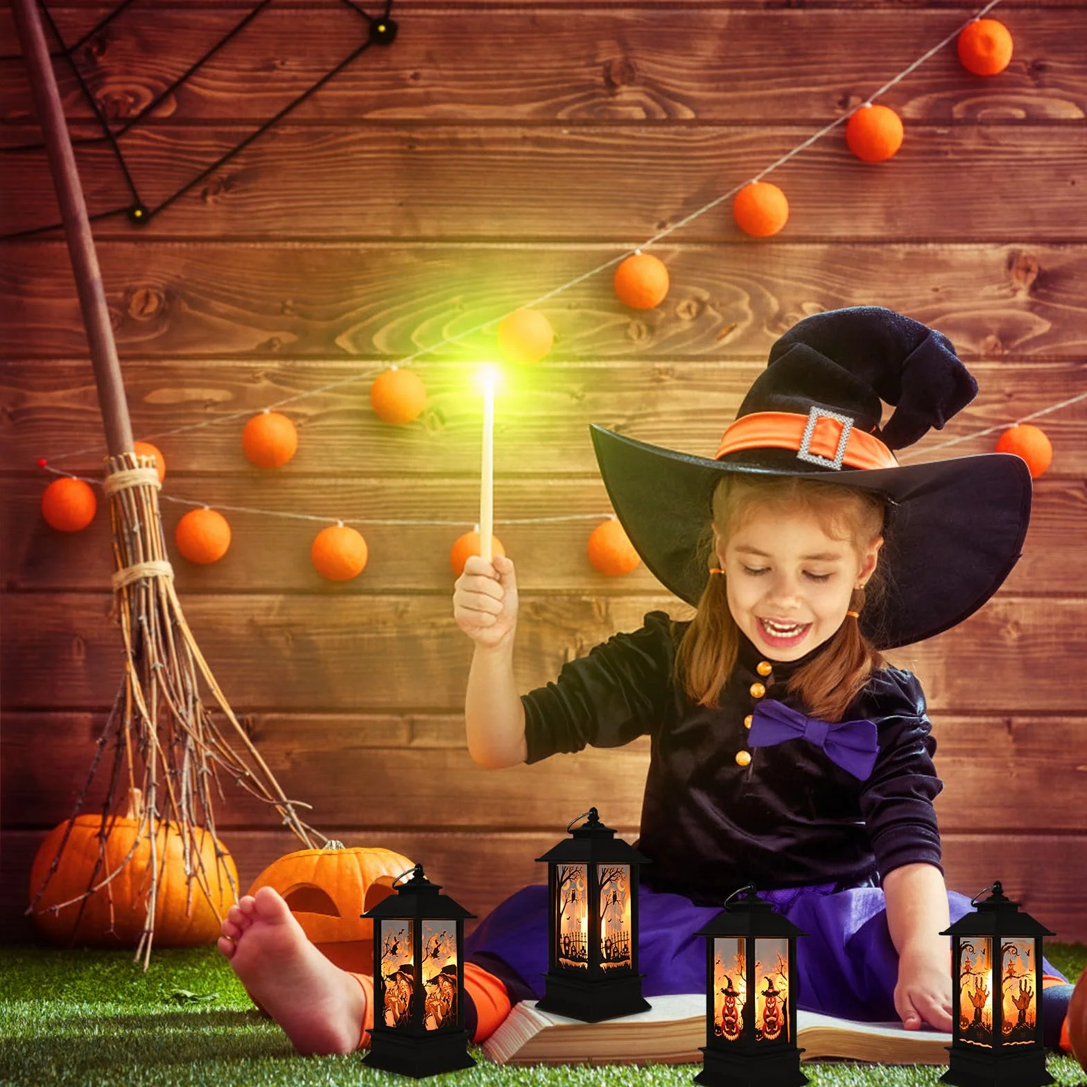 4 latarnie dekoracja LED na Halloween, świecąca wisząca latarnia, wzór dyni, wrony, wiedźmy, dłoni ducha, do wewnątrz i na zewnątrz, na wakacje, do ogrodu, na Halloween, imprezę do dekoracji
