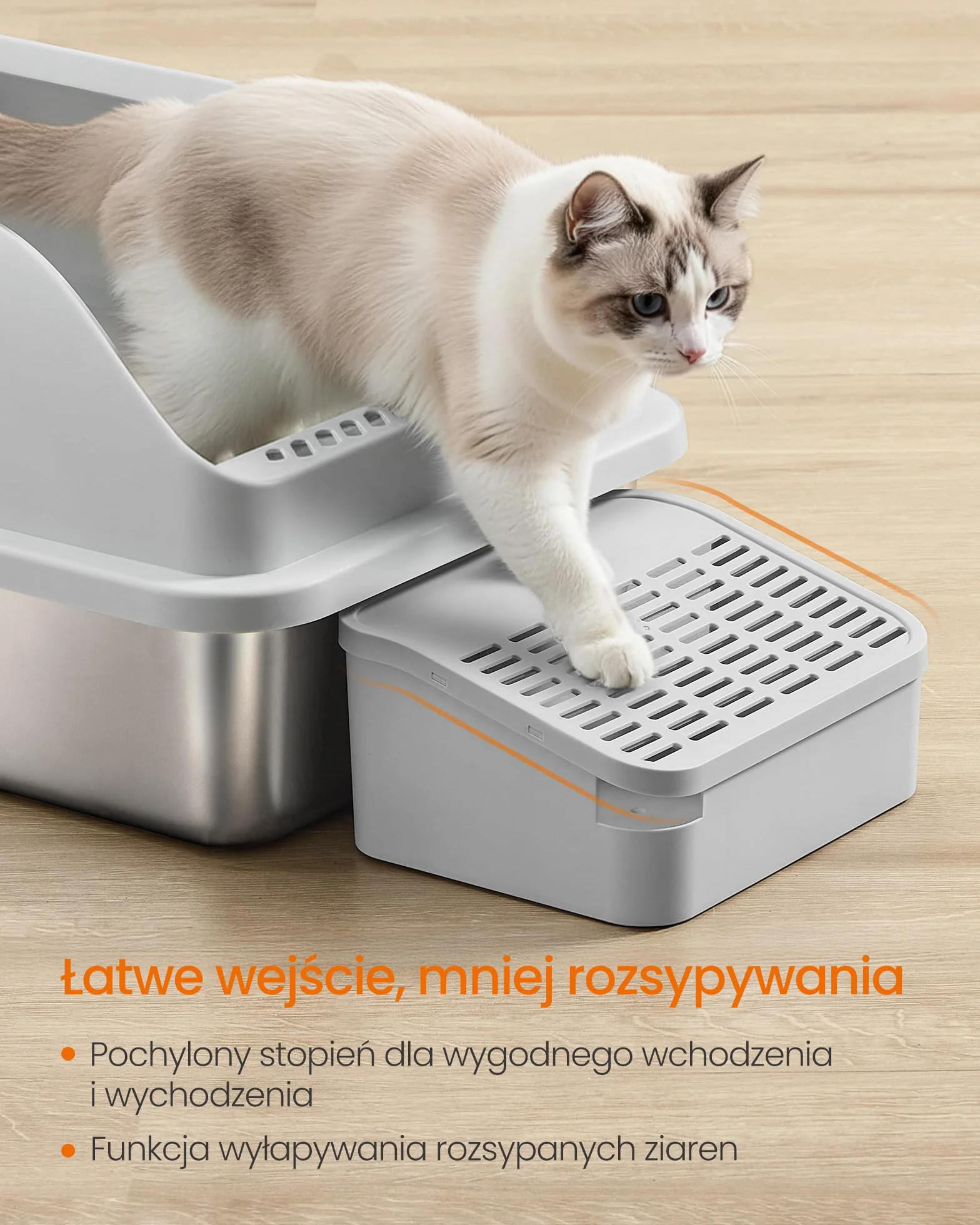 Feandrea Kuweta dla kota ze stali nierdzewnej, otwarta, wysokie boki, stopień, łopatka i szczotka, do 15 kg, gołębia szarość