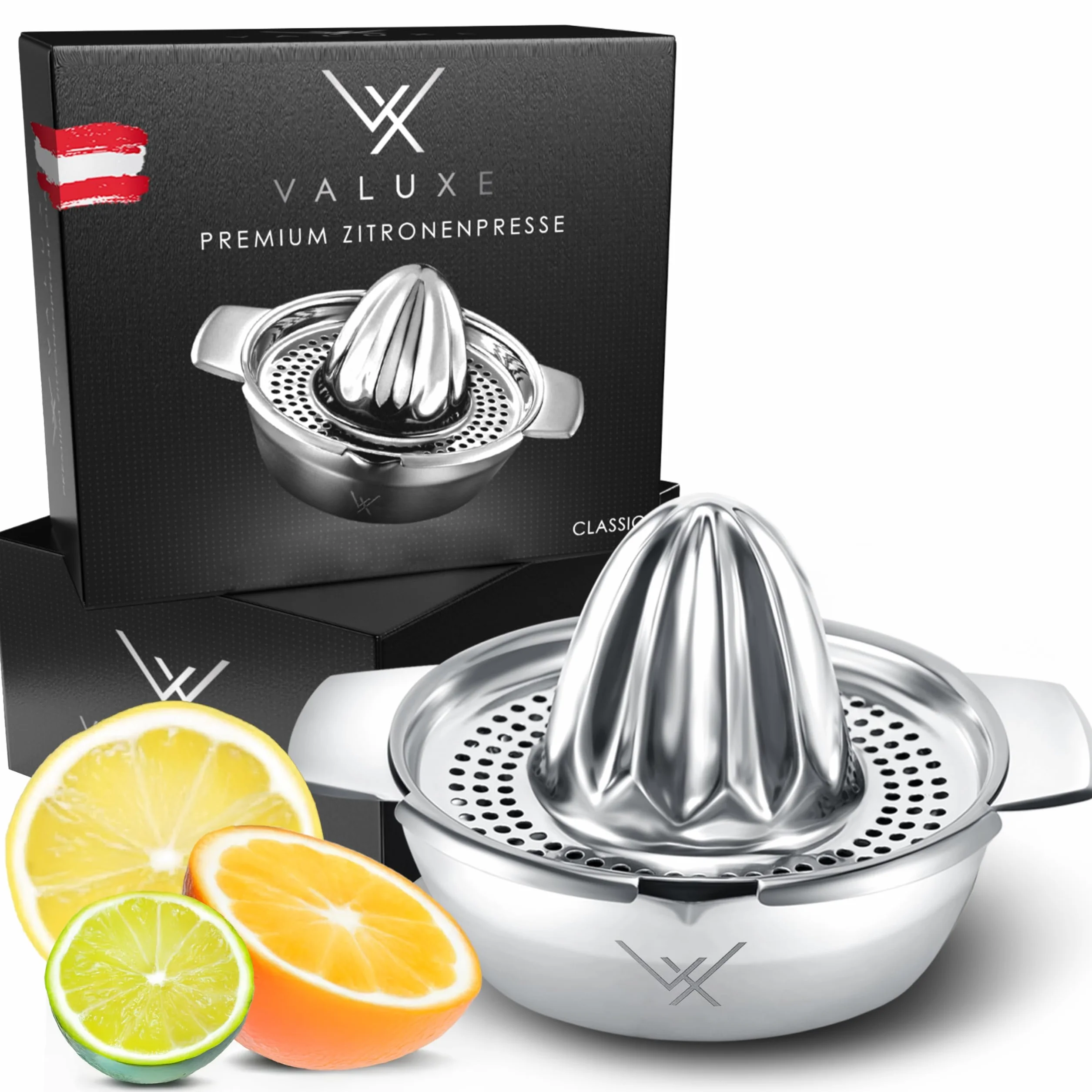 VALUXE Wysokiej jakości wyciskarka do cytrusów ze stali nierdzewnej – wyciskarka do cytrusów, cytryn, limonek i pomarańczy z pojemnikiem 350 ml – ręczna wyciskarka do limonek, nadaje się do mycia w