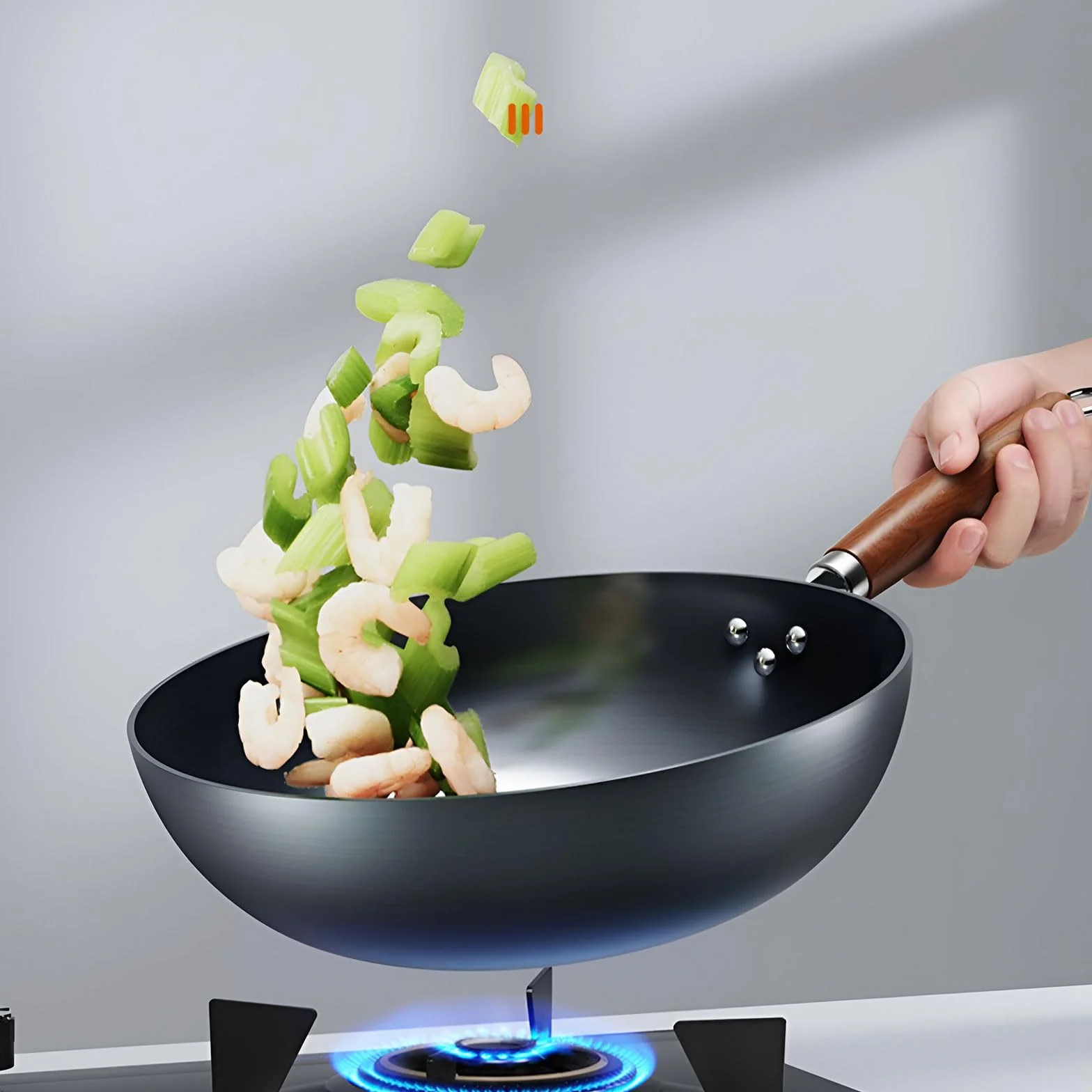 Wok żeliwny, nieprzywierająca patelnia z pokrywką i drewnianym uchwytem, idealna do gotowania indukcyjnego, elektrycznego, gazowego, naczyń kuchennych 32 cm