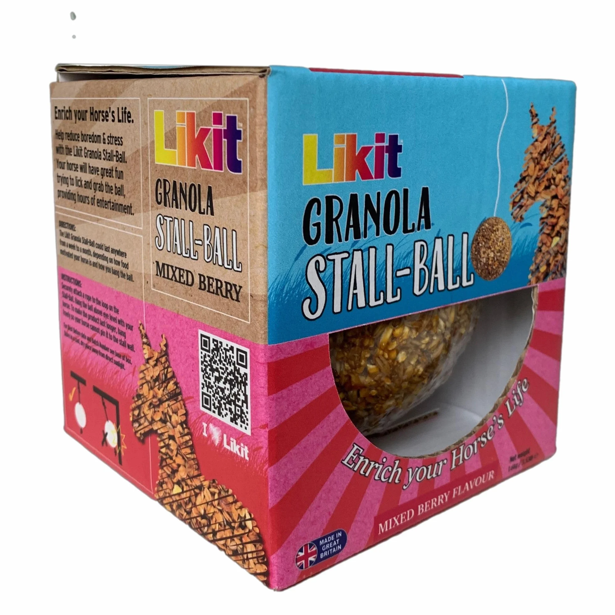 Likit Granola Stall-Ball Przysmaki dla koni, 1,6 kg, aromaty jabłka, mieszane jagody, mięty pieprzowej, melasy, długotrwałe, nudne i łagodzące stres, 1,6 kg