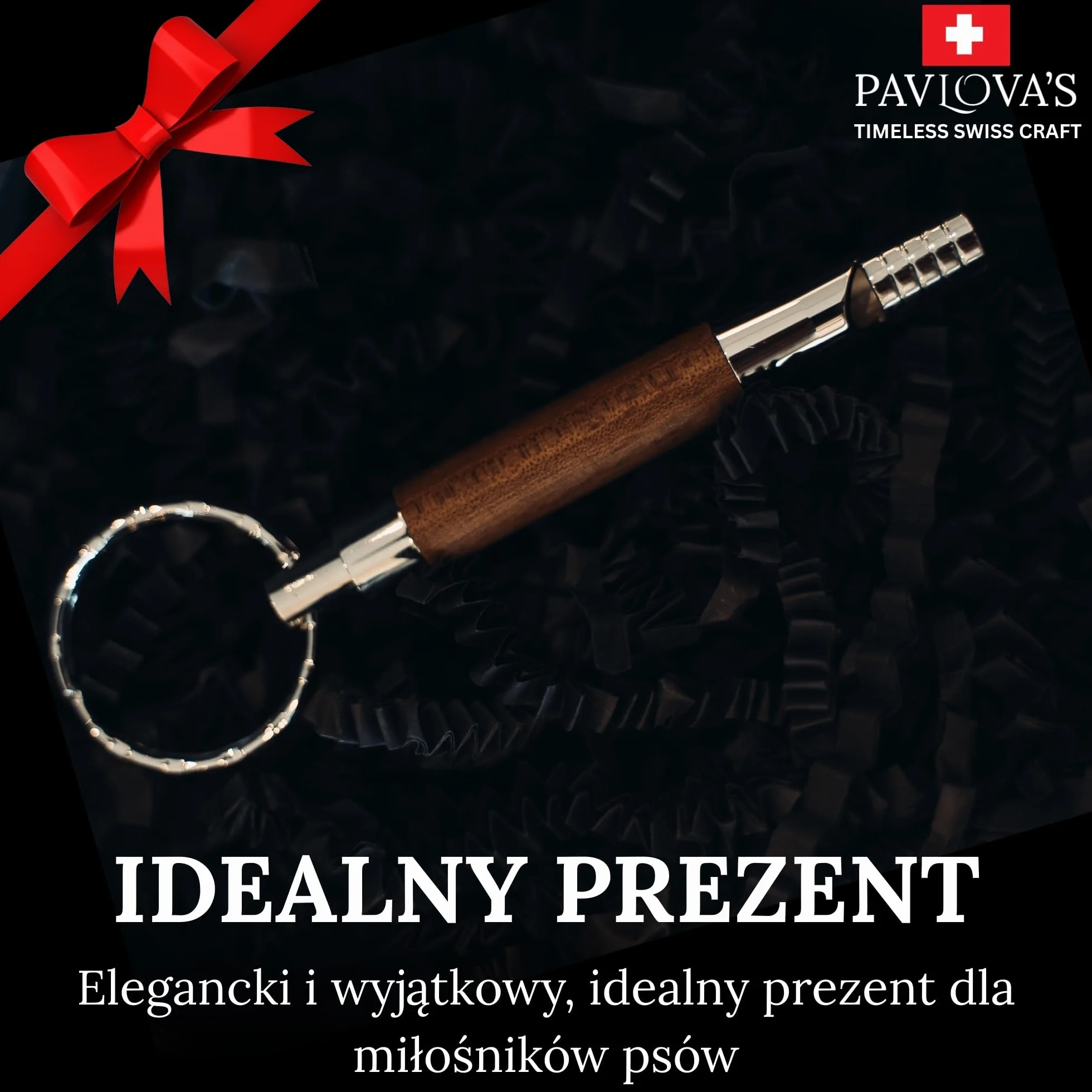 PAVLOVA'S Szwajcarski ręcznie robiony gwizdek dla psa z kluczykiem – orzech i stal nierdzewna – kompaktowe narzędzie treningowe do codziennego użytku z czystym tonem – pudełko upominkowe – 10-letnia