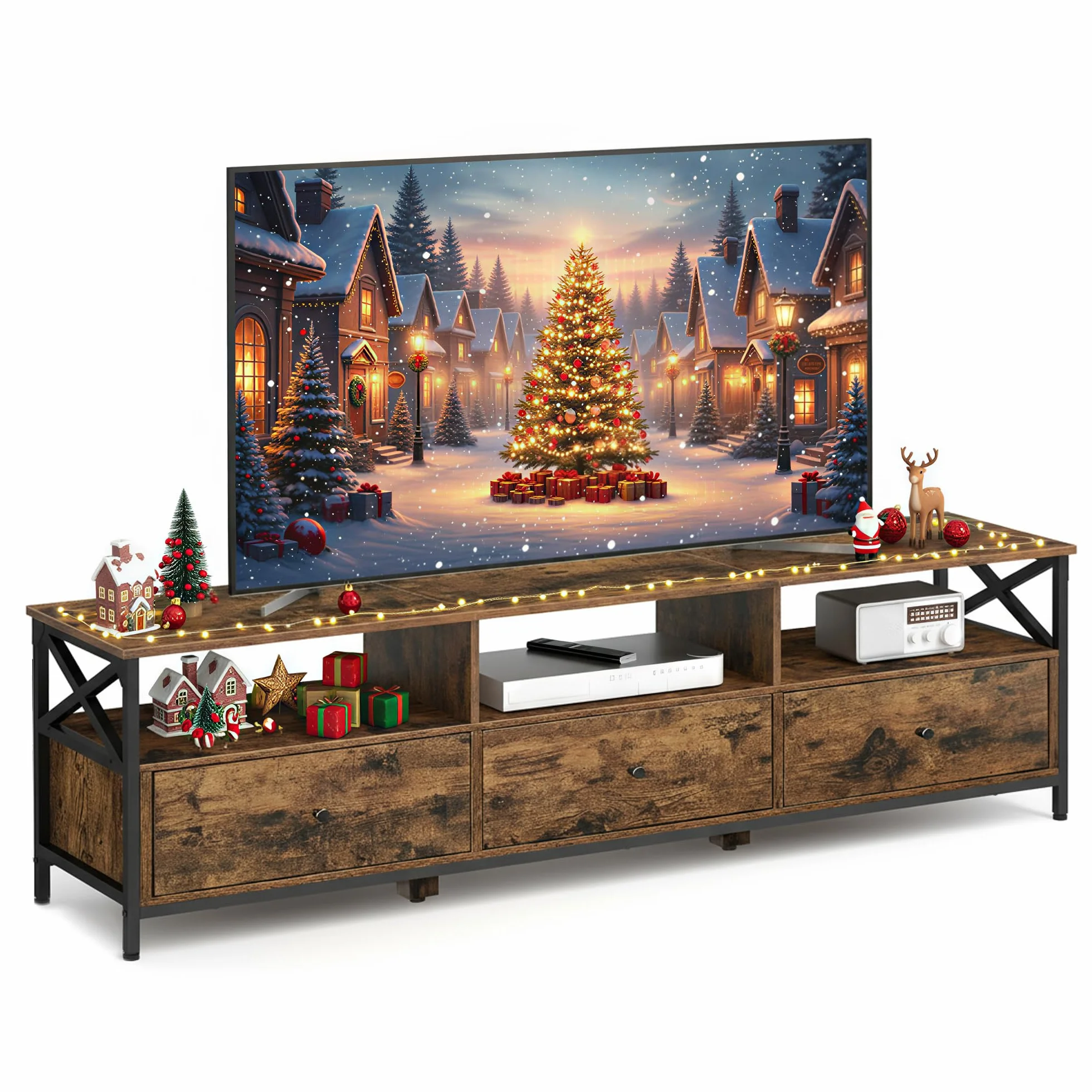 VASAGLE Szafka telewizyjna, stół telewizyjny do 80 cali, z 3 szufladami z tkaniny i 3 otwartymi przegródkami, 178 x 40 x 50 cm, do salonu, sypialni, stalowej ramy, rustykalny brąz i czarny LTV303KD01