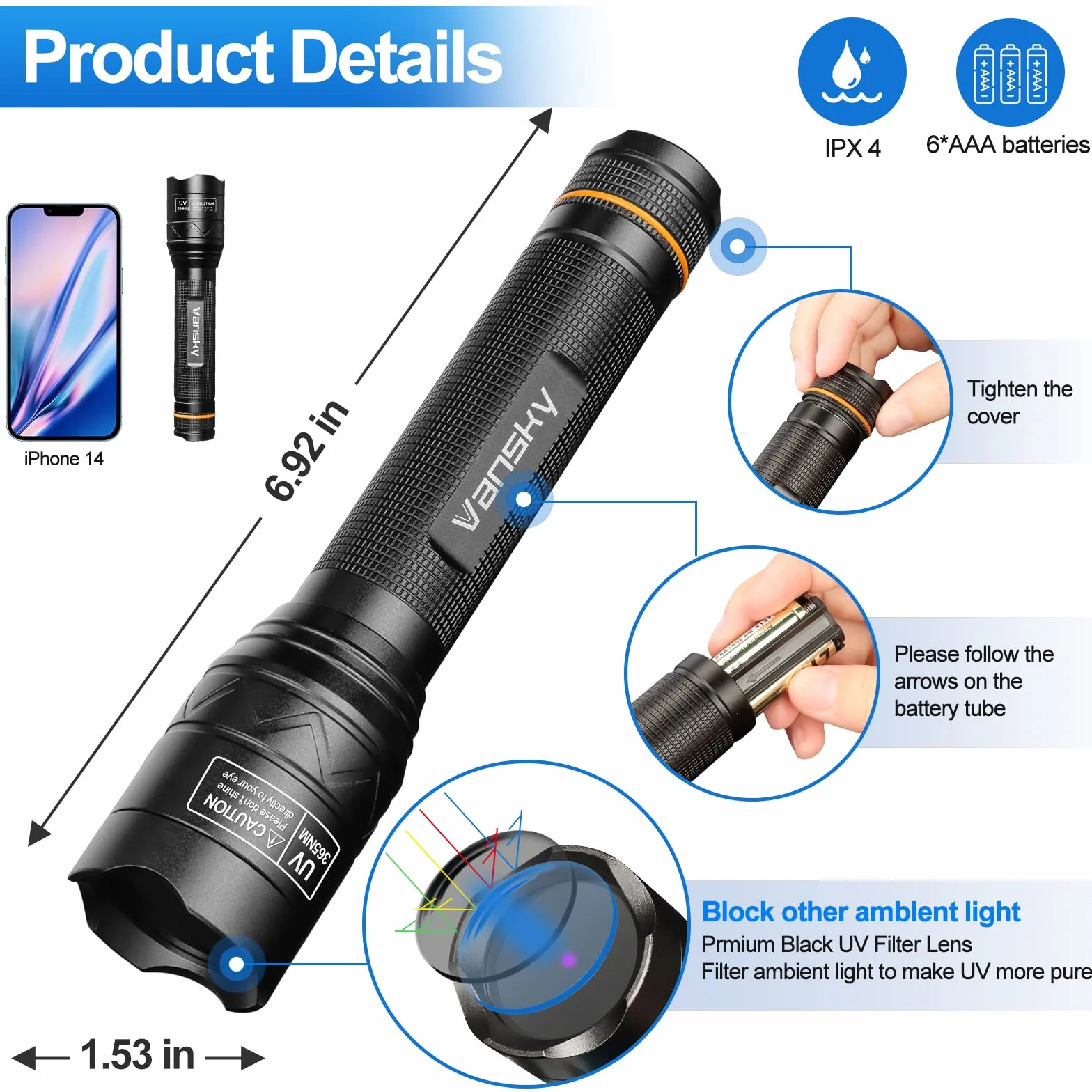 Vansky Blacklight UV Light 365nm latarka UV detektor moczu dla zwierząt psów kotów polowanie na skały