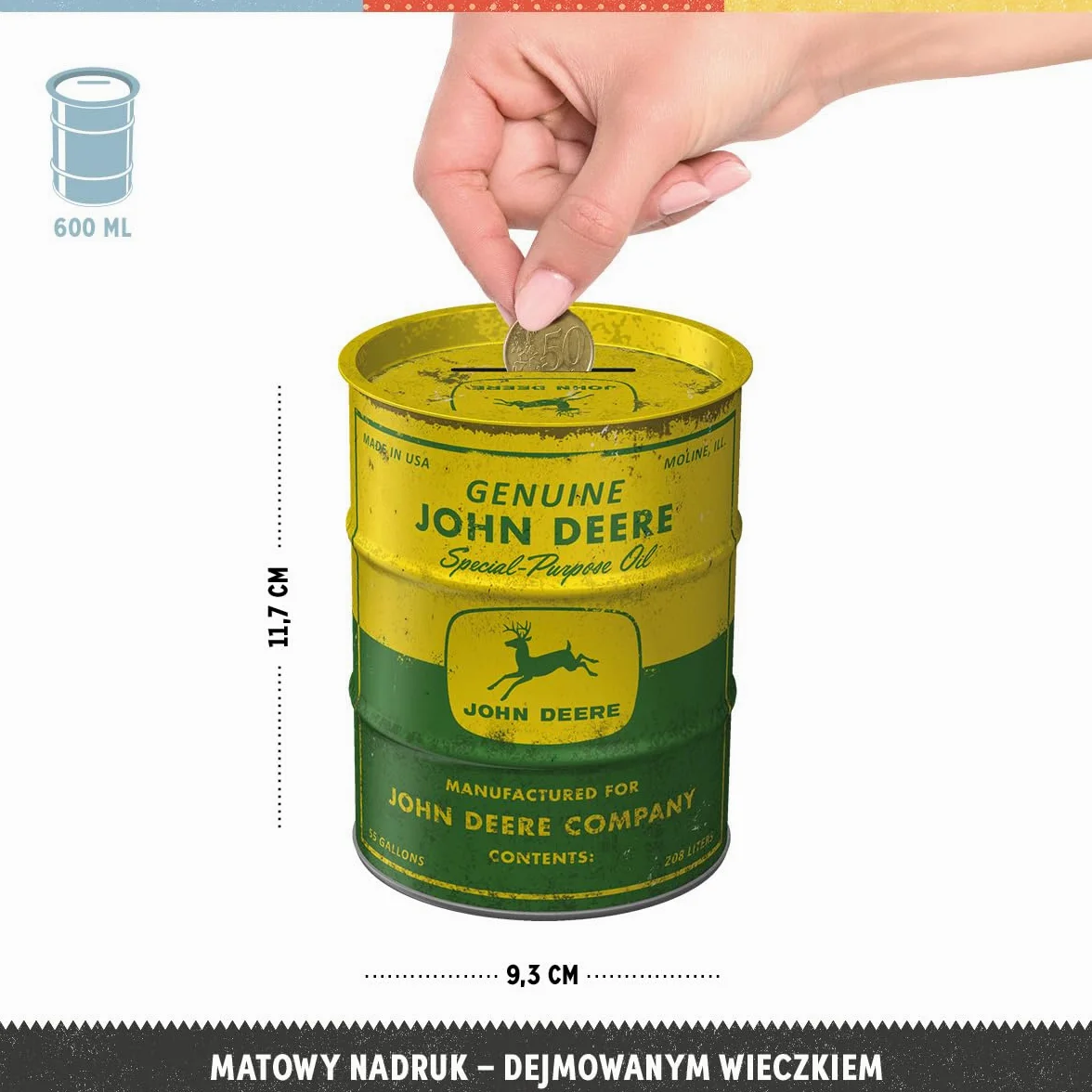 Nostalgic-Art Retro skarbonka, 600 ml, John Deere – Special Purpose Oil – Pomysł na prezent dla miłośników traktorów, Official License Product (OLP), metalowa skarbonka, Styl vintage