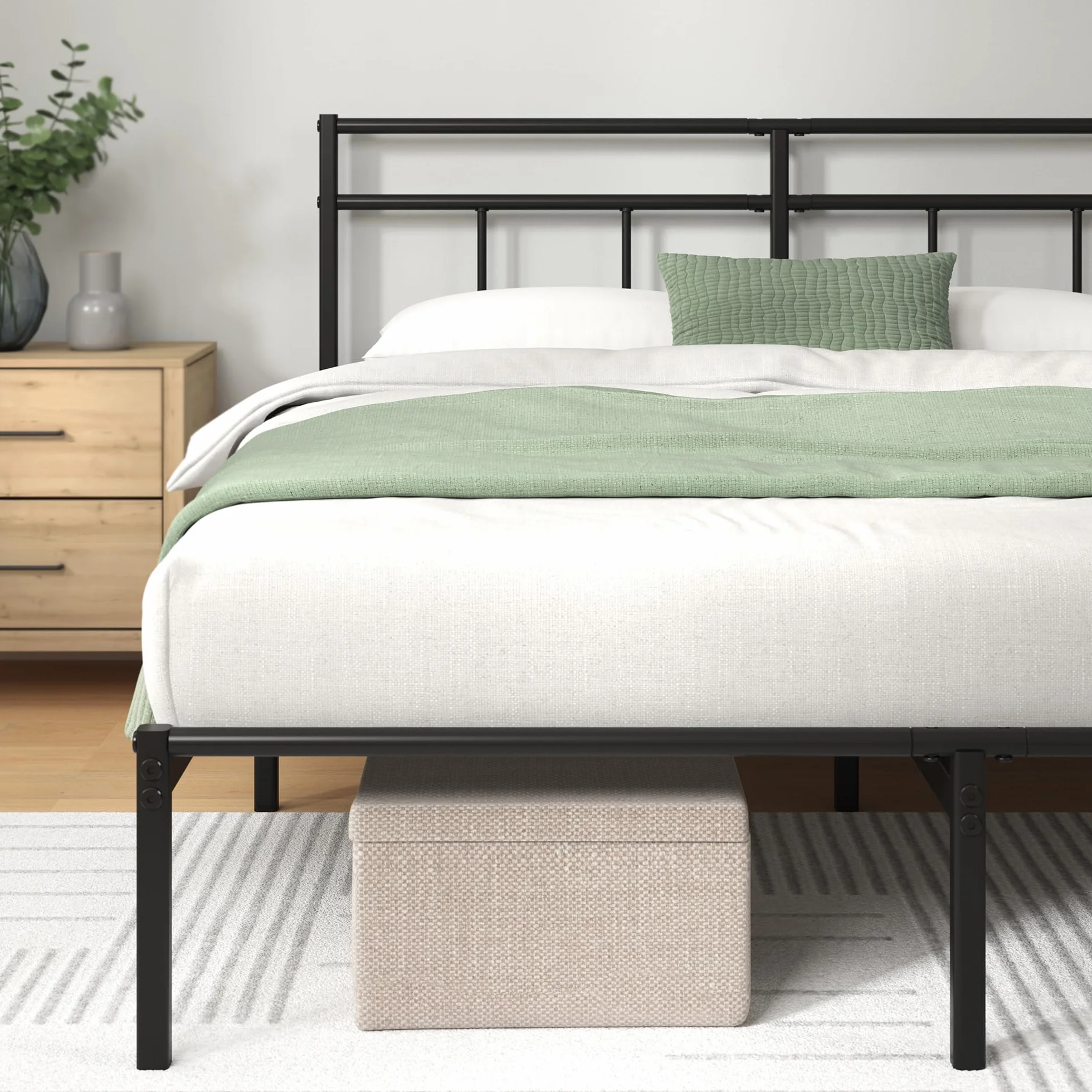 Zinus Elias Łóżko 200 x 140 cm – 30 cm wysokości – metalowa rama łóżka z zagłówkiem – metalowe łóżko ze stelażem – nie wymaga łóżka kontynentalnego, wolna przestrzeń pod łóżkiem, nowoczesne