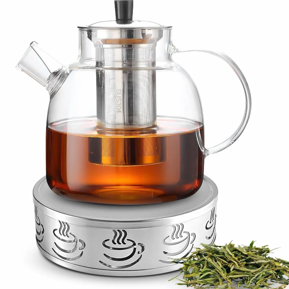 Dzbanek do herbaty 1,8 l z zestawem podgrzewaczy, szklany dzbanek do herbaty z zaparzaczem, 1800 ml szklany dzbanek do herbaty z sitkiem ze stali nierdzewnej i szklaną pokrywką, podgrzewacz do