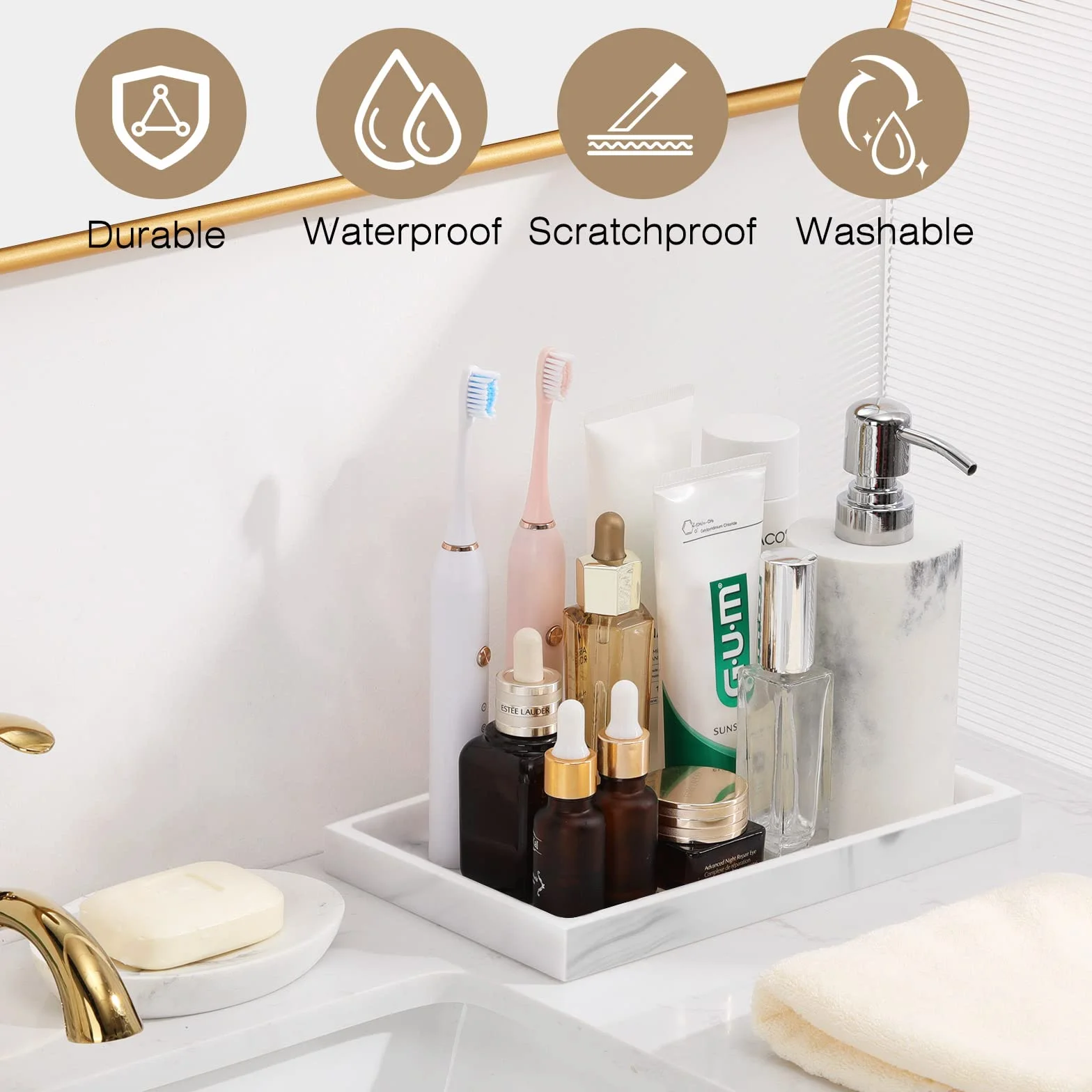 Luxspire Bathroom Vanity Tray, Resin Dresser Jewelry Ring Dish Tank Storage Kitchen Sink Countertop Organiser Plate Holder for Perfume Candles Soap Towel Plant Bathroom Accessories, M, White Marble