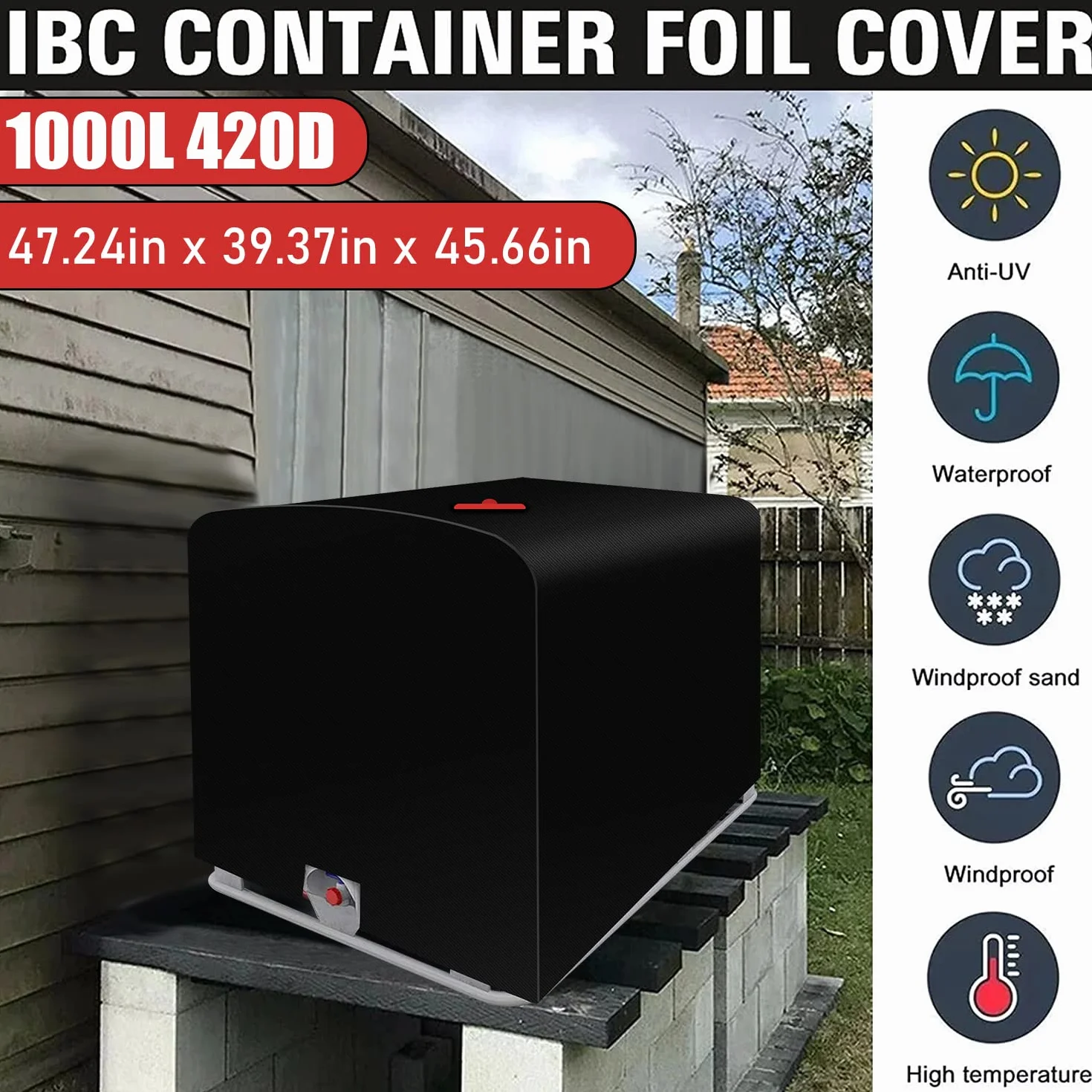 IBC, plandeka ochronna na zbiornik na wodę IBC, 420D IBC, ochrona przed promieniowaniem UV/deszczówką, z otworem, do pojemnika IBC o pojemności 1000 l (100 x 120 x 116 cm)