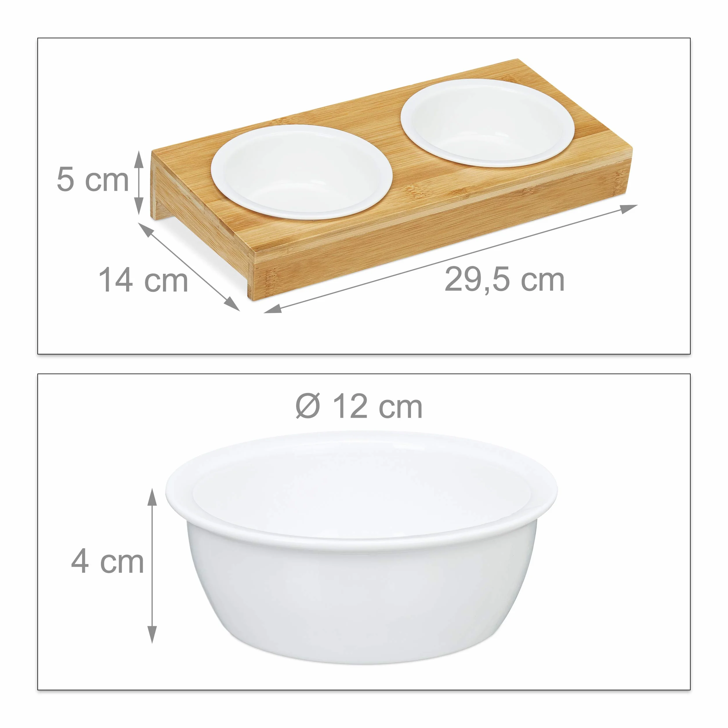 Relaxdays Podwójna miska, koty i małe psy, 2 x ceramiczna miska, po 200 ml, nadaje się do mycia w zmywarce, bambusowa miska, naturalna/biała