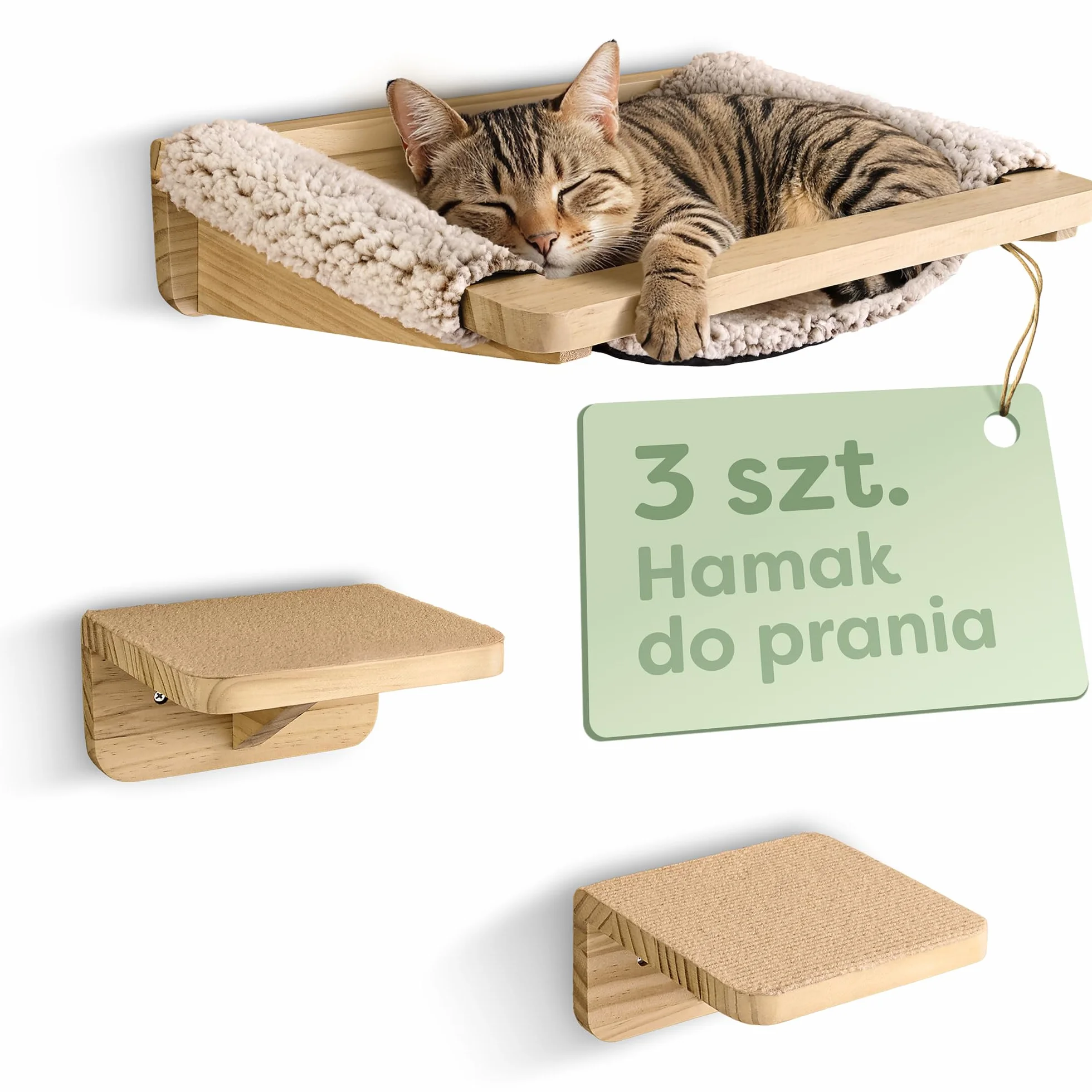 Knupis Zestaw Ściennej Drabinki dla Kota z Hamakiem i Schodkami Lite Drewno Sosnowe FSC Stabilna Półka Ścienna do 30 kg Beżowy