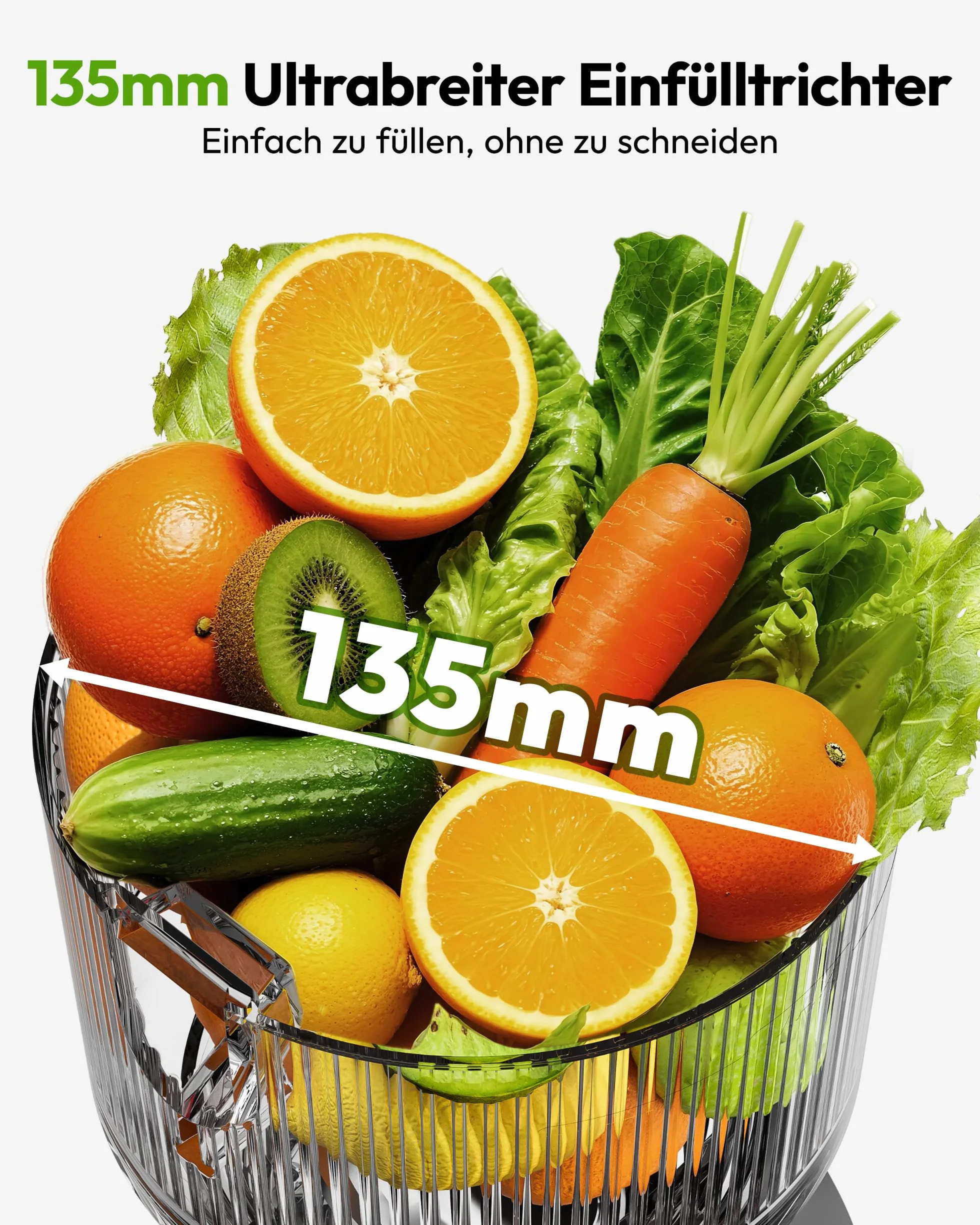 EUHOMY Sokowirówka, Slow Juicer, sokowirówka do warzyw i owoców, zwycięzca testu z otworem do napełniania 135 mm, pojemność 1,8 l, 2 filiżanki | elektryczna wyciskarka do soków, czarna srebrna