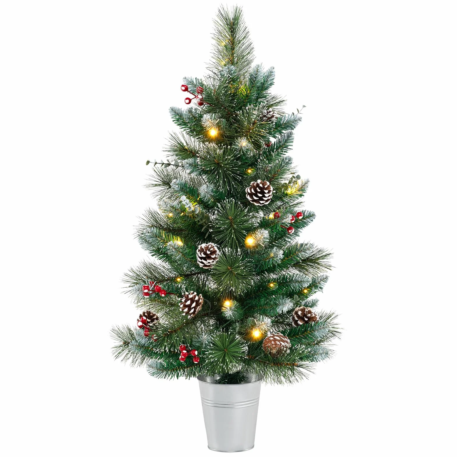 COSTWAY Sztuczna choinka 90 cm z oświetleniem, mała choinka w doniczce, choinka stołowa z 20 diodami LED, 8 trybów, timer, jagody i szyszki jodłowe do dekoracji bożonarodzeniowej