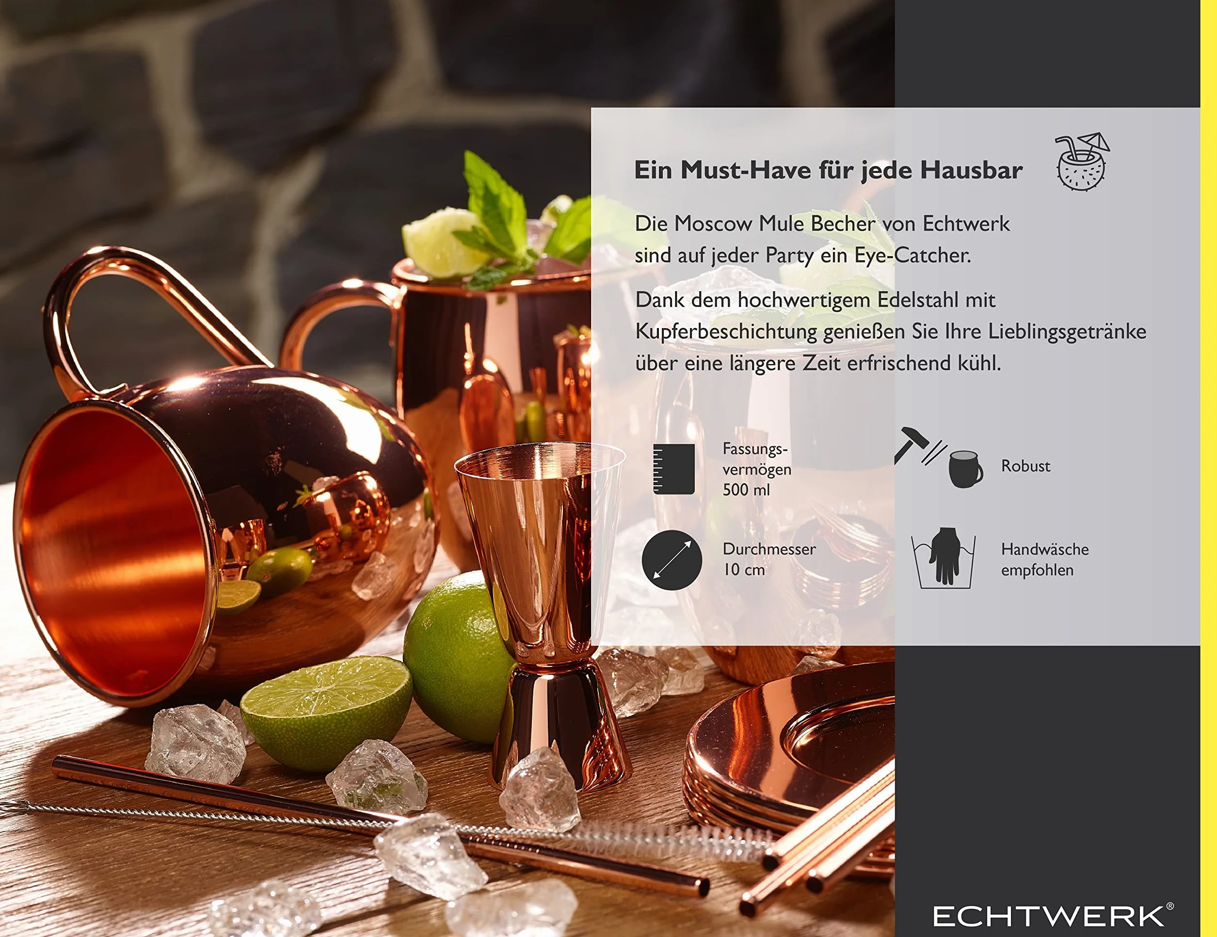 ECHTWERK Moscow Mule zestaw 13 kubków miedzianych ze stali nierdzewnej, składający się z 4 kubków miedzianych 500 ml, 4 podstawek, 4 słomek i 1 miarki 2 cl/4 cl, EW-MM-1714G
