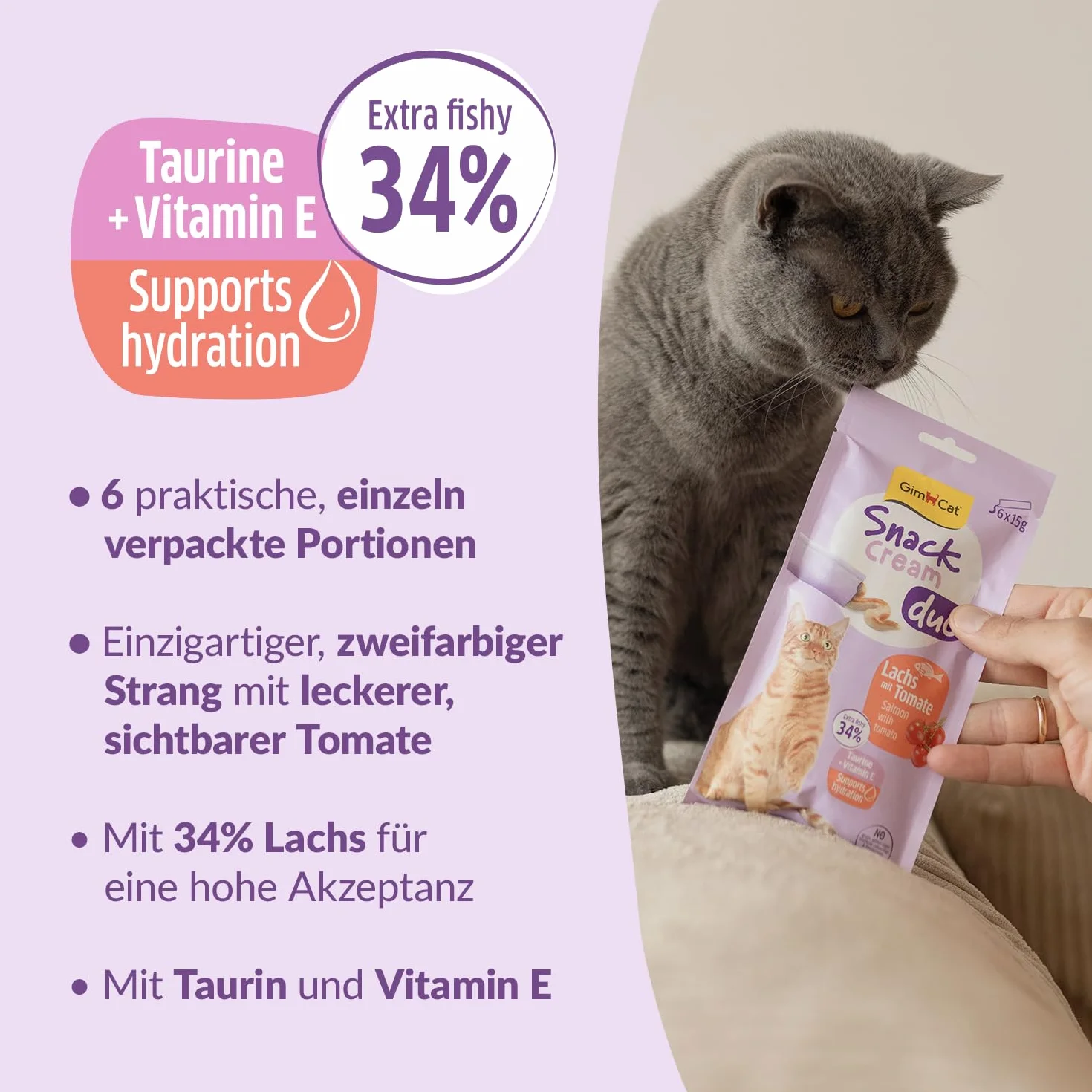 GimCat Snack Cream Duo łosoś i pomidor – krem na przekąski dla kotów – 6 sztuk (6 x 15 g)