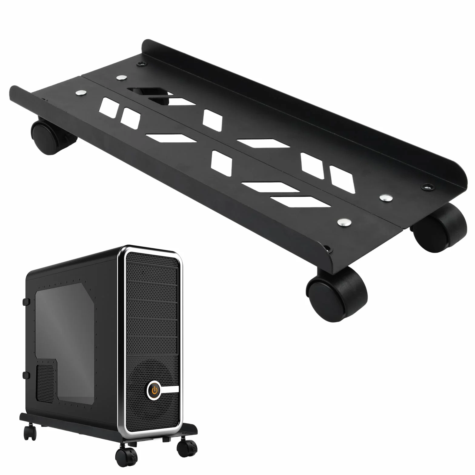 Stojak na komputer, stojak na dywan, regulowany mobilny stojak na procesor, wózek PC z 4 kółkami, czarny (49 x 19,5-25 cm)