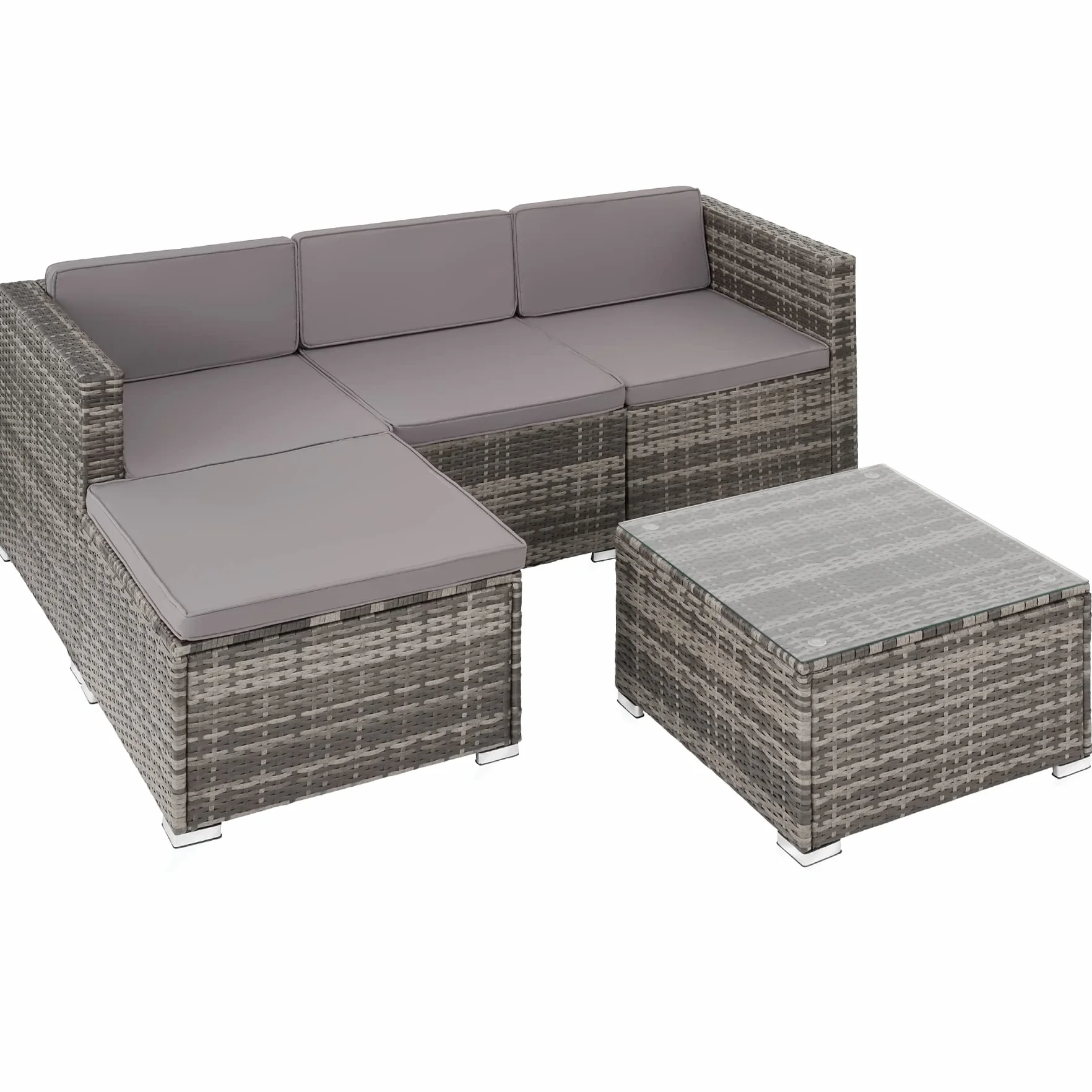 tectake® Zestaw Ogrodowy Rattanowy Lignano, 5 Elementów, UV Odporny Polirattan, Stalowa Konstrukcja, Wodoodporne Pokrowce, Stół ze Szkłem, Na Balkon i do Ogrodu, dla 3-4 Osób (szary)