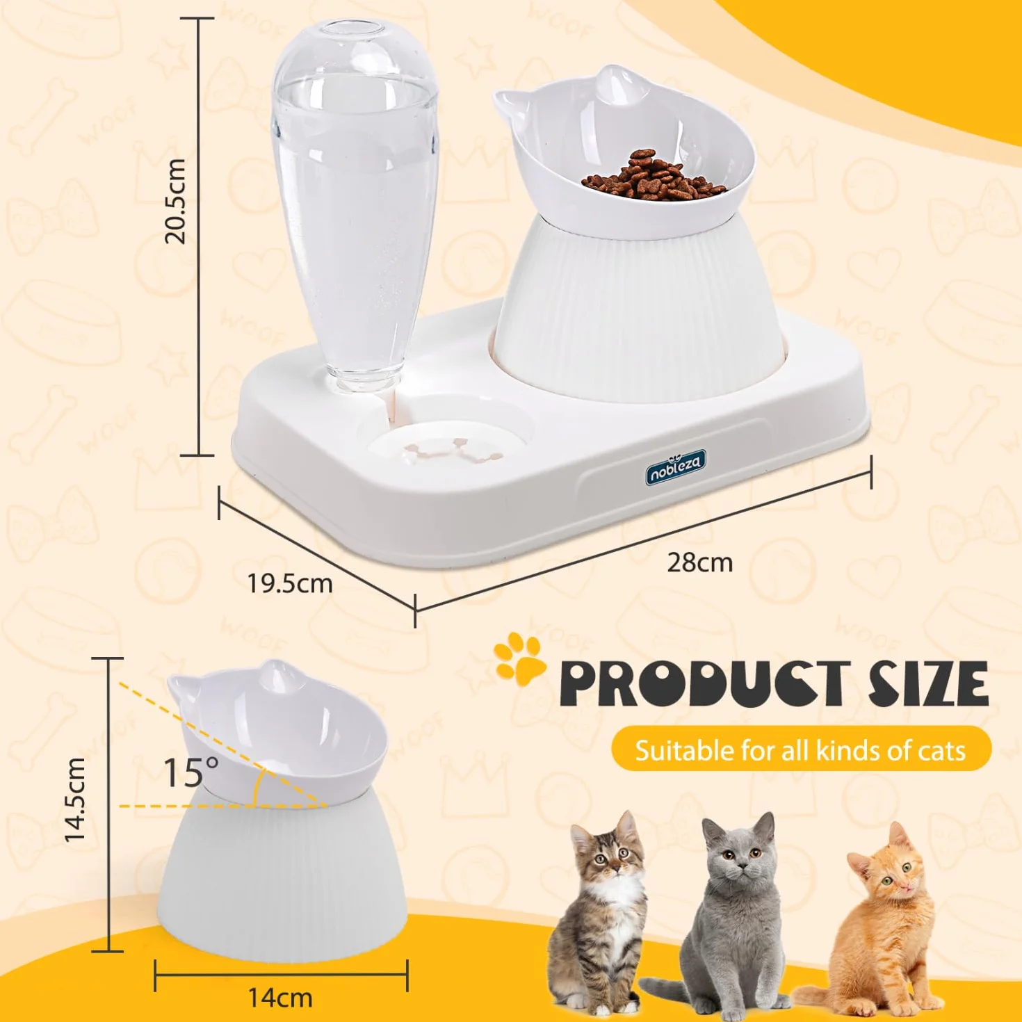 Nobleza - Karmnik dla Kota 2 w 1, Automatyczny Poidełko, 500ml Dozownik Mała Miska dla Zwierząt, 15° Cats Raised, Miska na Wolną Karmę