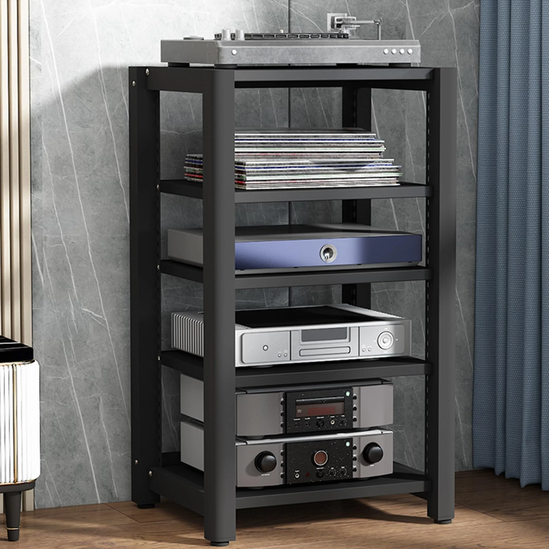Stojak audio HiFi 2/3/4/5-poziomowa szafka do przechowywania gramofonów, płyt winylowych i odtwarzaczy Blu-ray, konsola multimedialna do przetwornika cyfrowo-analogowego i wzmacniaczy (czarna, 60 x 50