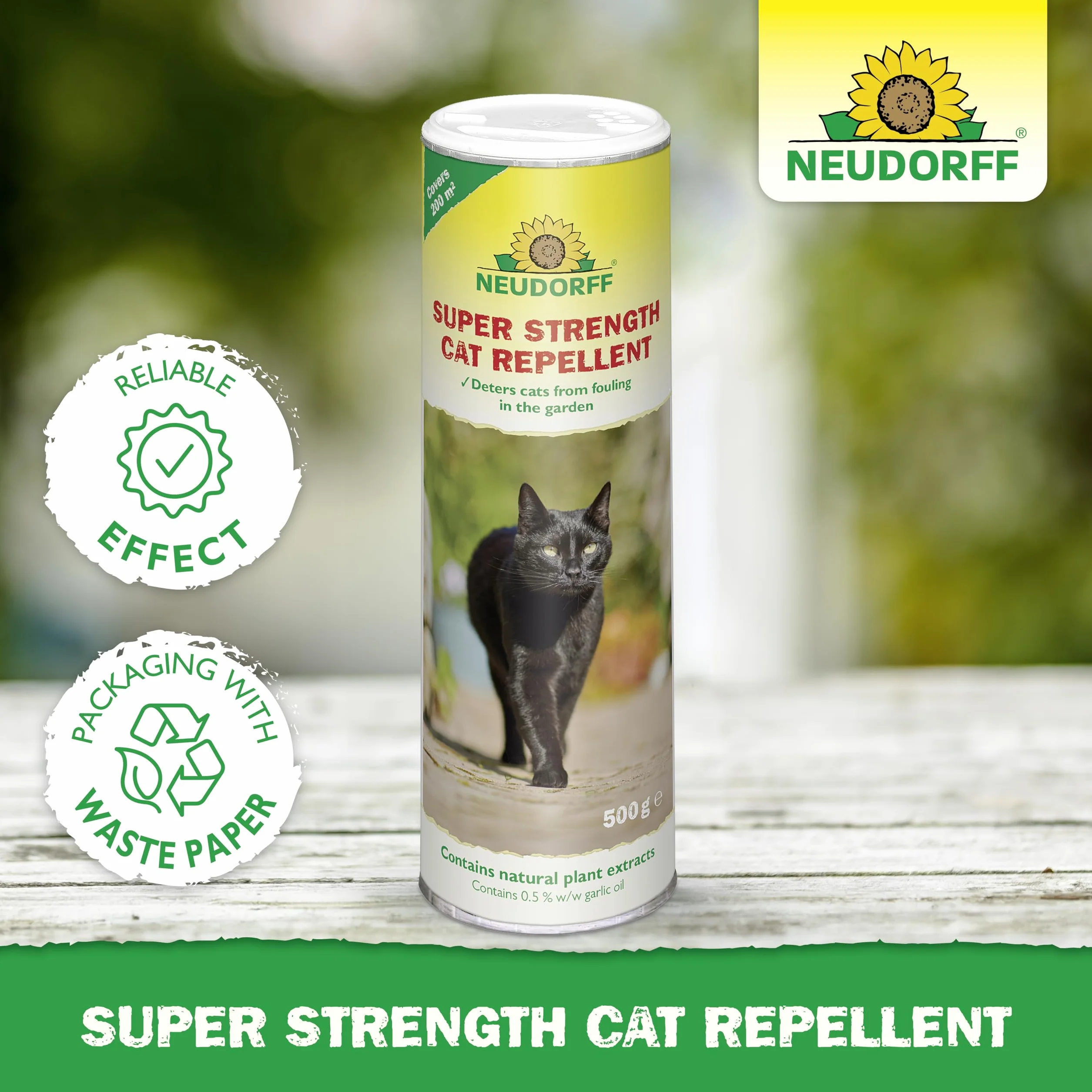 Neudorff Super Strength odstraszacz kotów – gotowy do użycia środek odstraszający skutecznie odstrasza koty bez ich szkody – pokrywa 200 m², 500 g