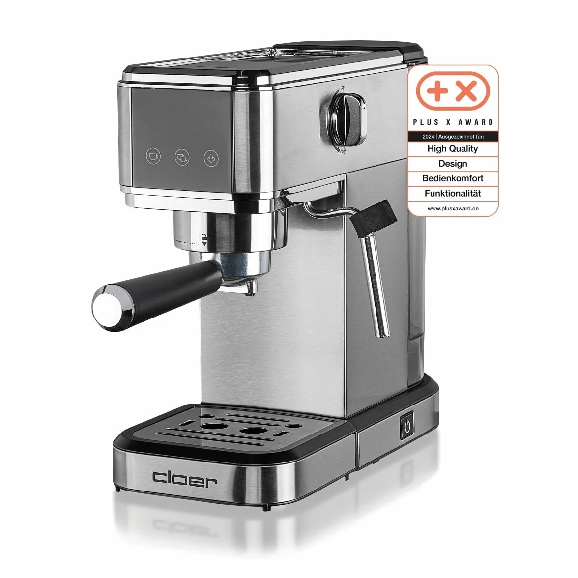 Cloer 5829 Ekspres do Espresso z Portafiltrem i Spieniaczem, Pompa 20 Barów, 1-2 Filiżanki Espresso, Cappuccino, Latte Macchiato, Zbiornik na Wodę o Pojemności 1 litra, 1350W