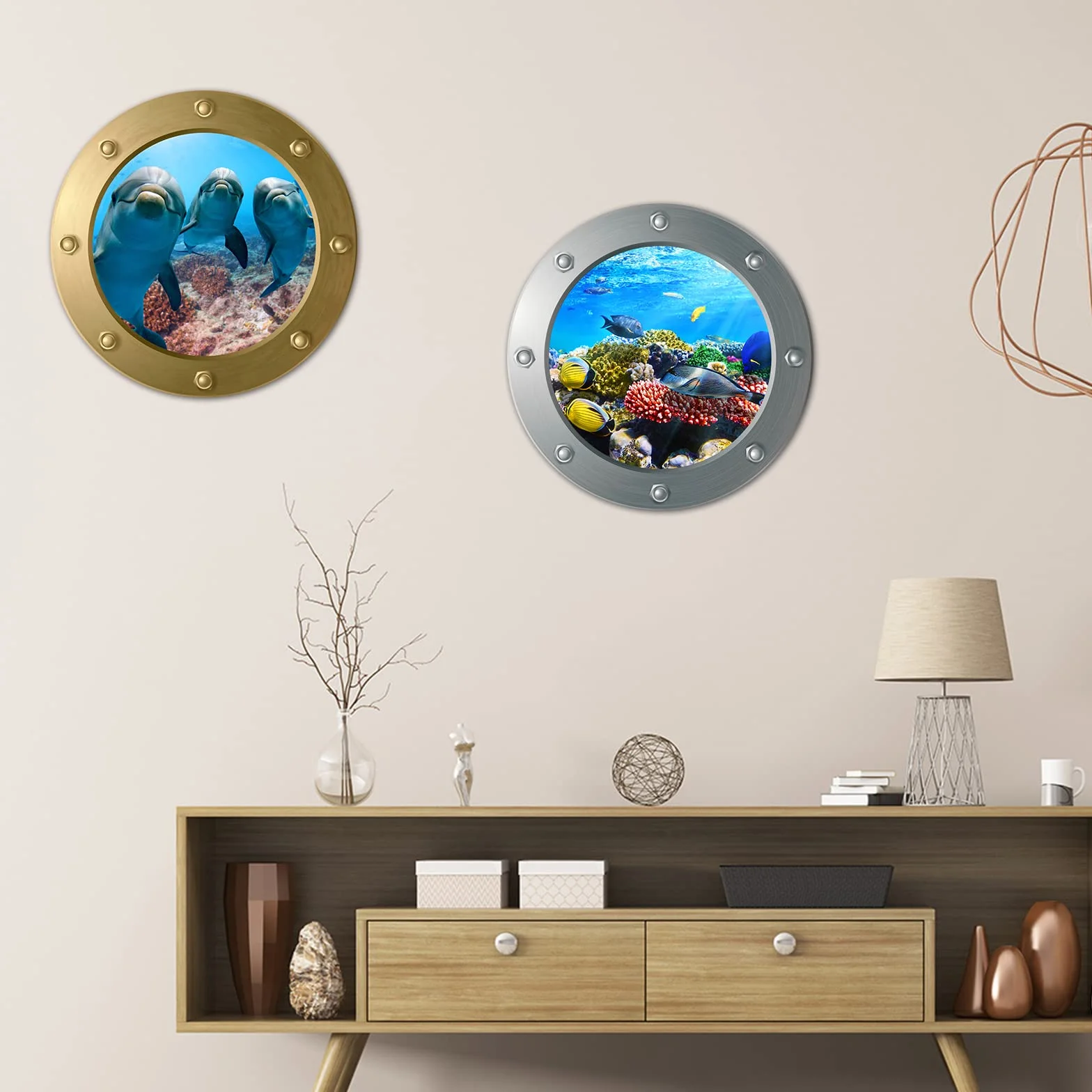 4 sztuki ścienne 3D naklejek podwodny świat, 3D Sea Life, delfin, łódź podwodna, okno, naklejki na płytki, do łazienki, obraz, dekoracja
