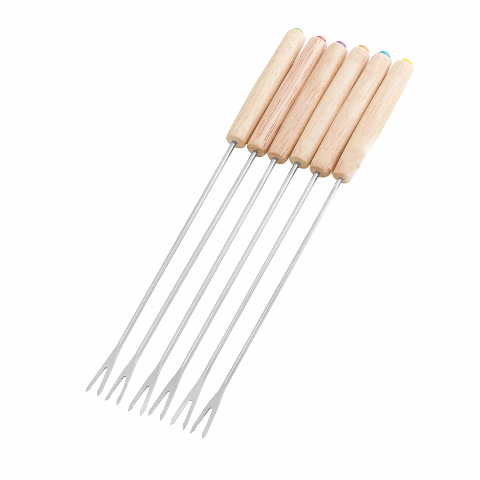 Widelce do Fondue ze Stali Nierdzewnej, Opakowanie 6 szt., Szaszłyki do Fondue Wielokrotnego Użytku, Drewniana Rączka, Idealne do Fondue Czekoladowo-serowego, Pikniki, Kemping
