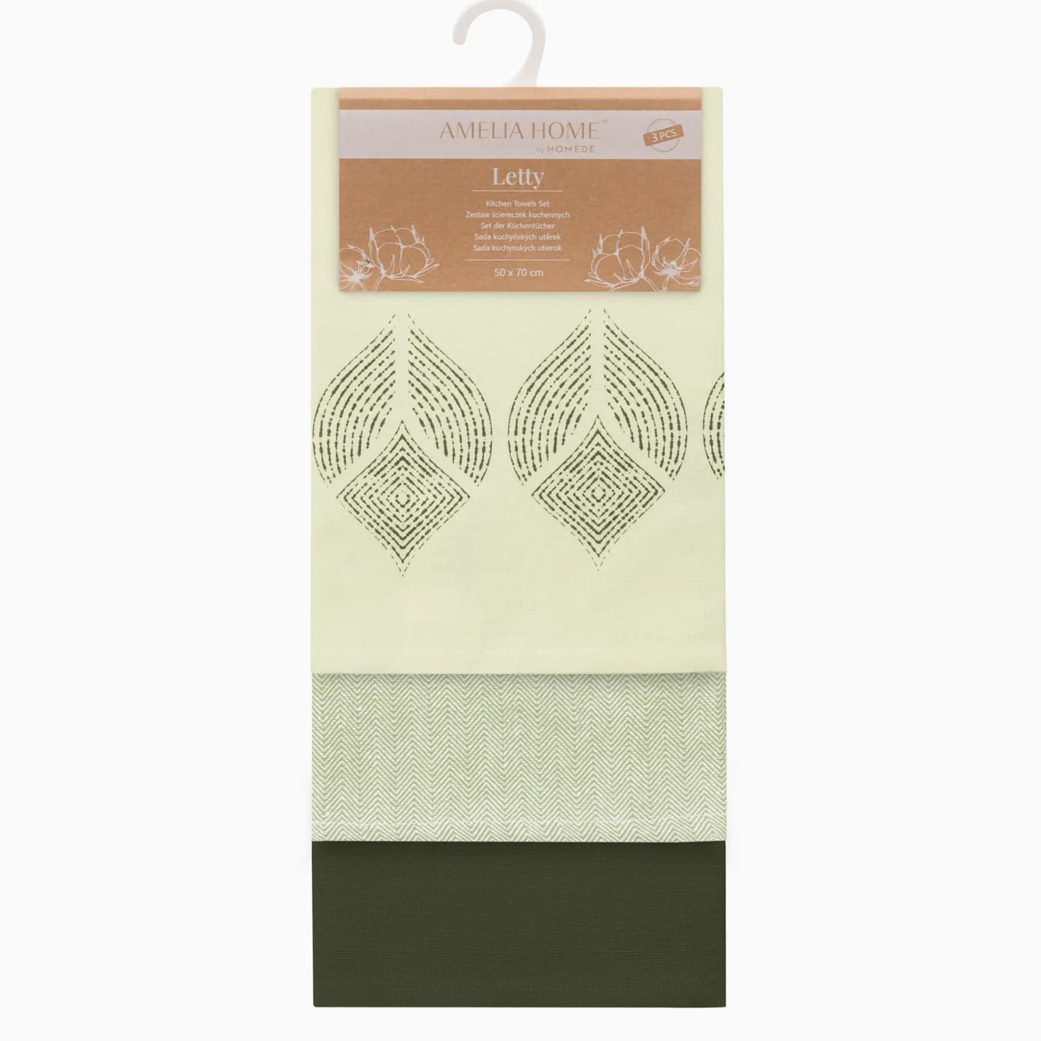 AmeliaHome Zestaw Ręczników Kuchennych 3 Sztuki Bawełniane Ścierki Do Naczyń Ściereczki 50x70 cm Wzór Geometryczny Letty Zielony Oliwkowy