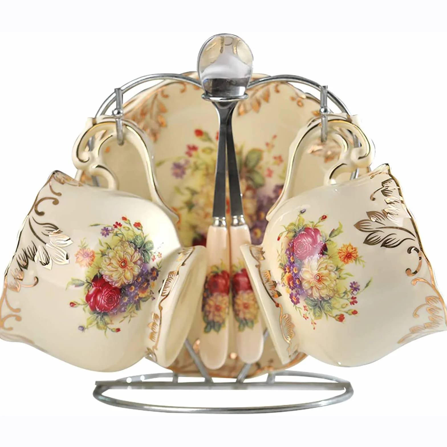 Vintage Rose Retro Porcelana kostna Herbata Kawa Herbata Filiżanki i Spodki z łyżkami i uchwytem na kubek Kwiatowe filiżanki do kawy dla 2 osób