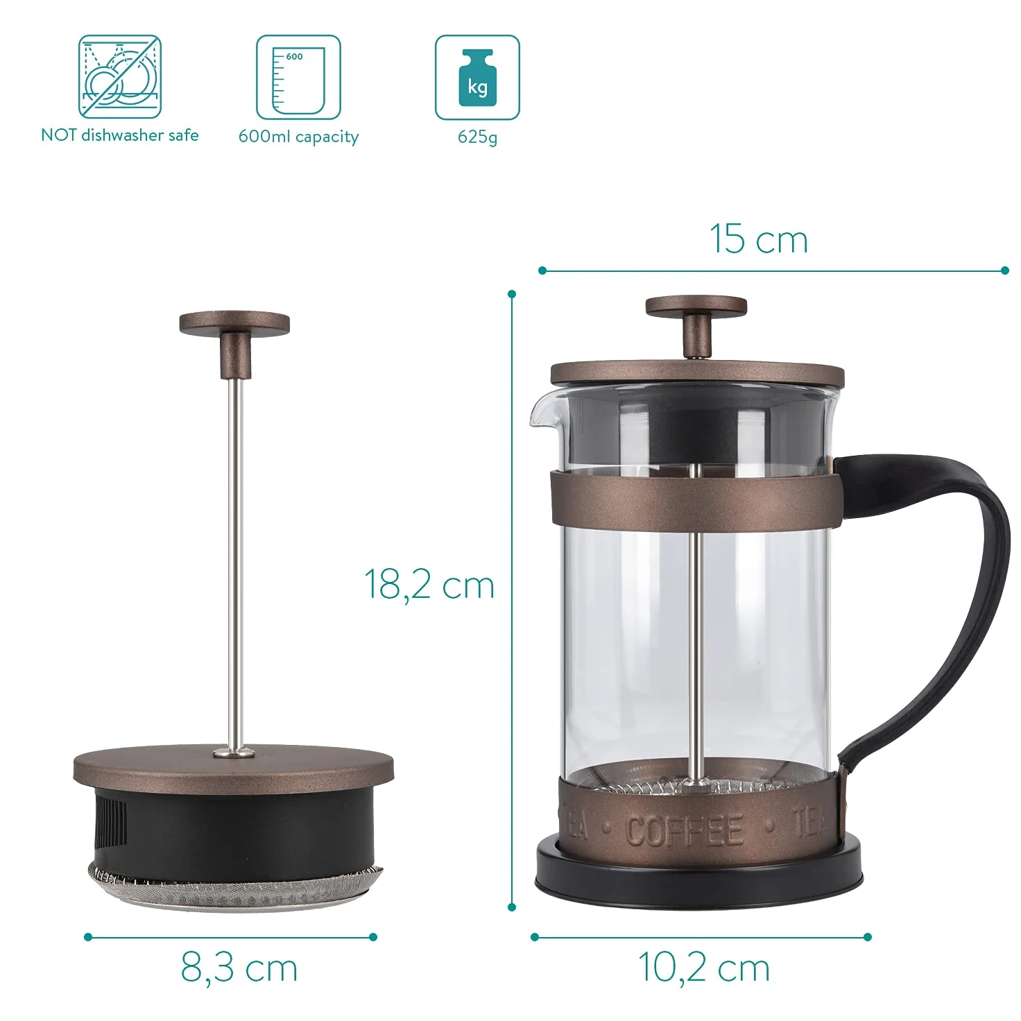 Navaris French Press zaparzacz do kawy z filtrem ze stali nierdzewnej – dzbanek do stempli 600 ml – 15 x 10,2 x 18,2 cm – 0,6 l – również do herbaty