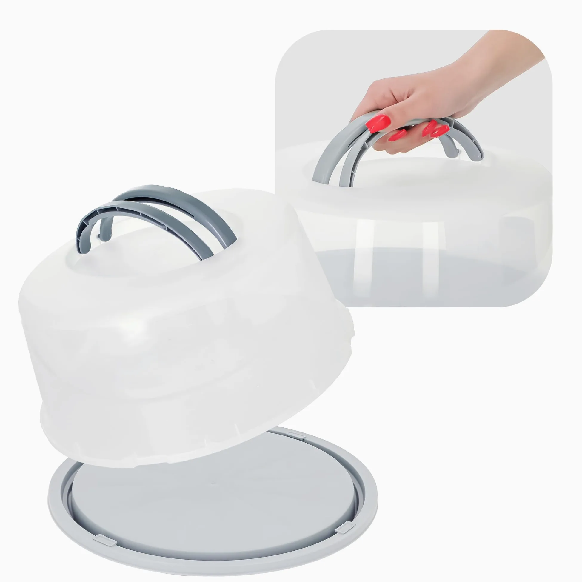 Pojemnik na Ciasto Tort Wypieki Okrągły 35 x 35 x 16 cm Szary Plastikowy Pudełko Przenośne Transportowe Ochronne do Transportu Przewożenia Ciast Tortu Wypieków Nakładka z Uchwytem