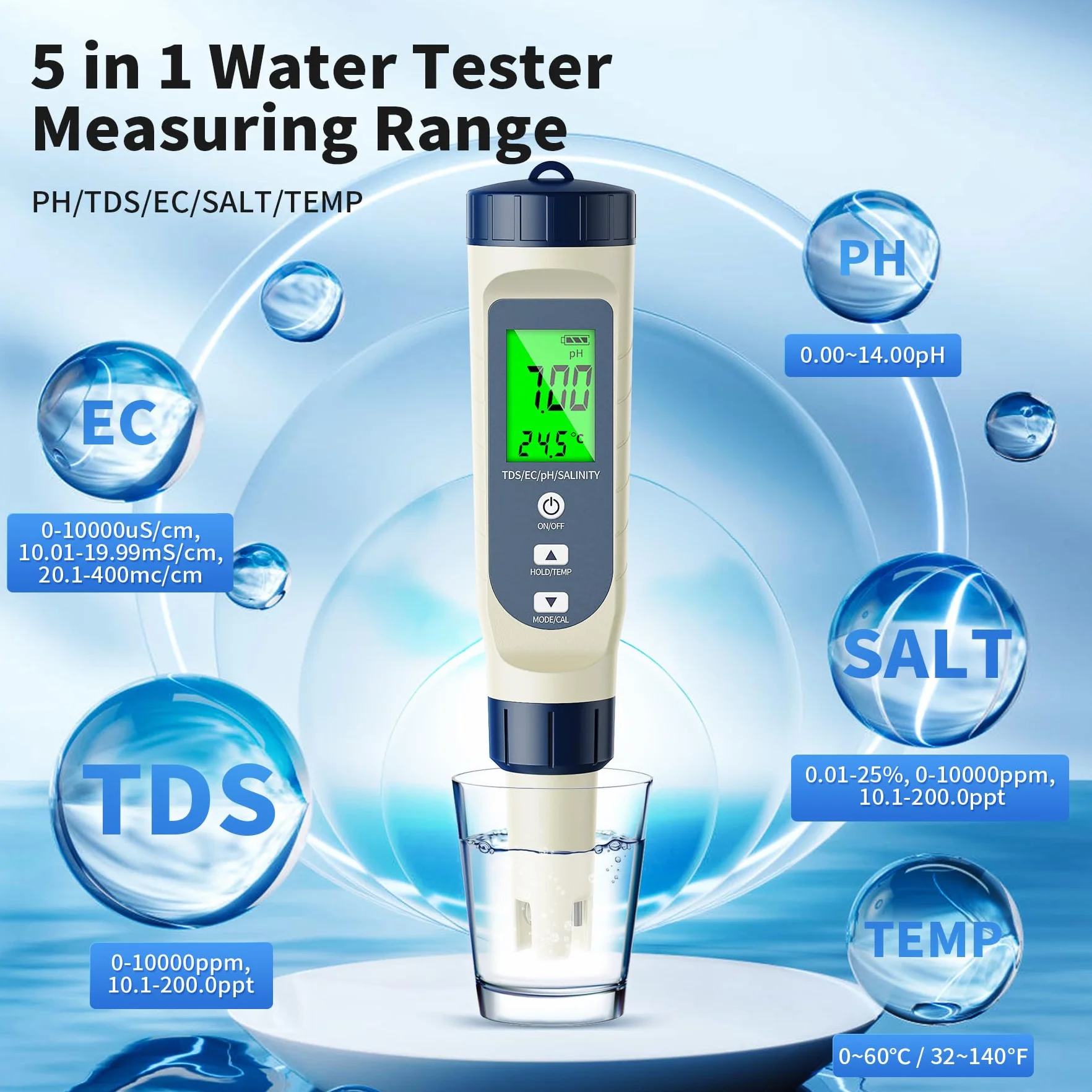5 w 1 tester jakości wody do basenu, tester pH z wyświetlaczem cyfrowym, tester TDS/EC/zawartości soli/temperatury/pH, do wody pitnej, basenów, akwariów, upraw hydroponicznych