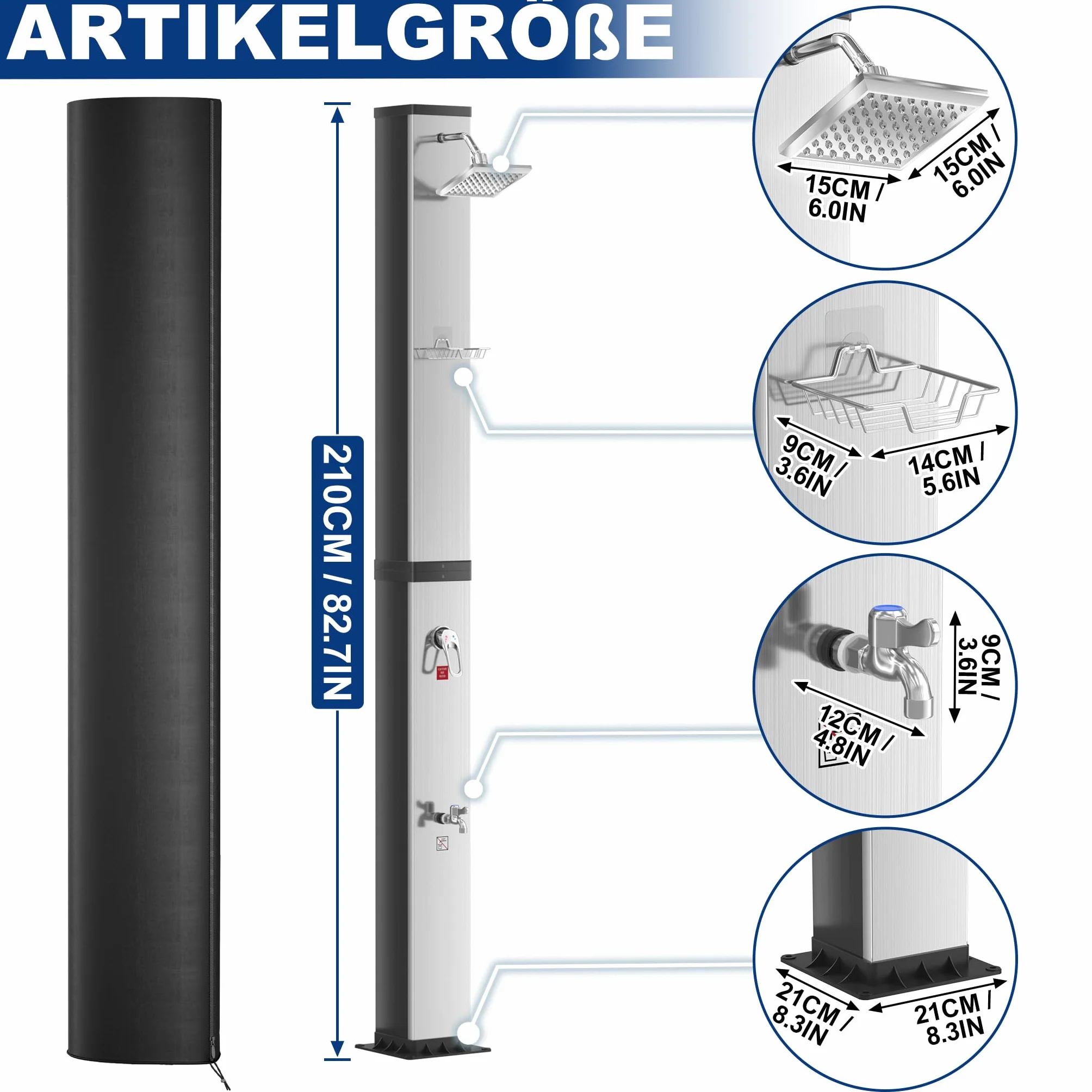 XMTECH Prysznic solarny 40 l, prysznic ogrodowy, do 60°C, srebrno-czarny, prysznic zewnętrzny z deszczownicą 360°, słuchawka prysznicowa, prysznic dla stóp, bez prądu, do ogrodu, basenu, na kemping, w